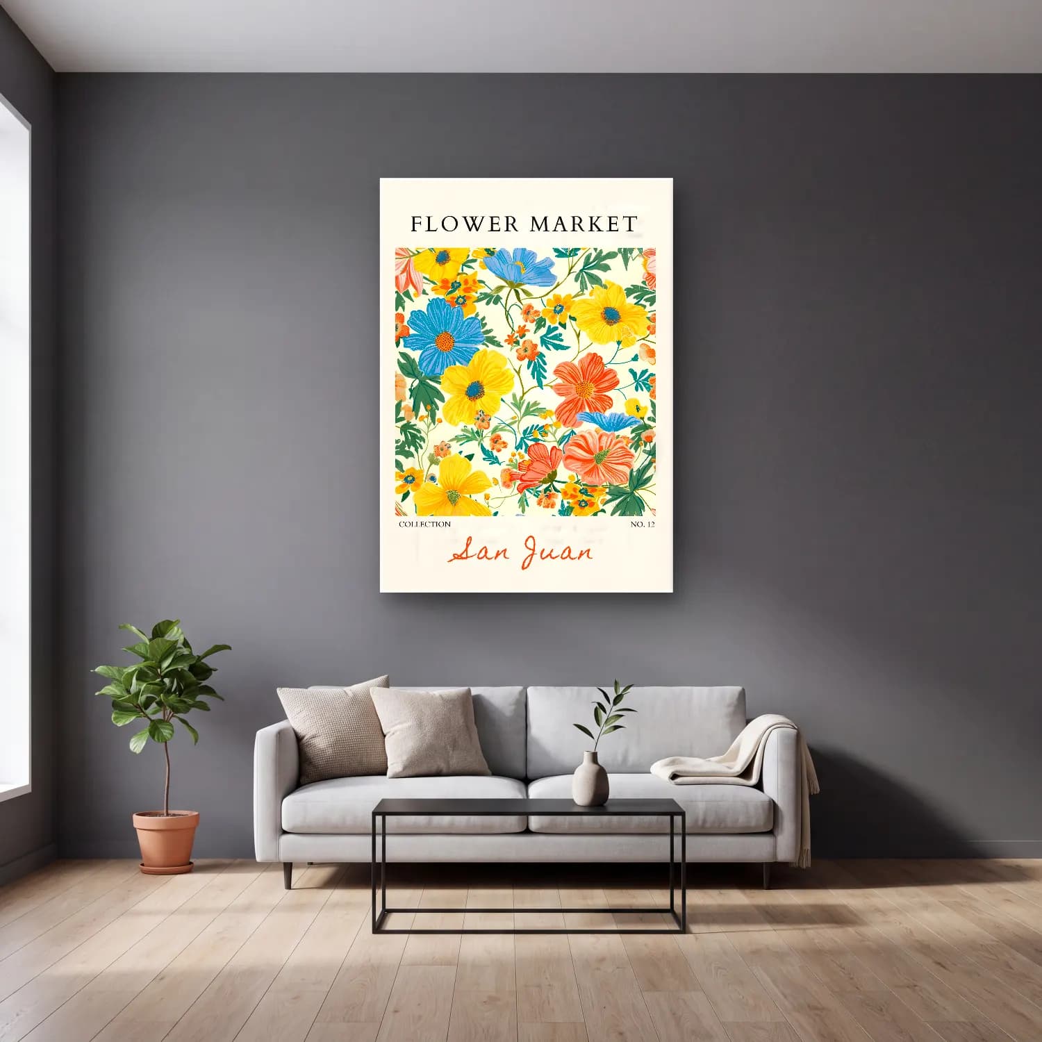 Retro Çiçek Deseni No. 108 cam tablo — gri duvarlı salonda