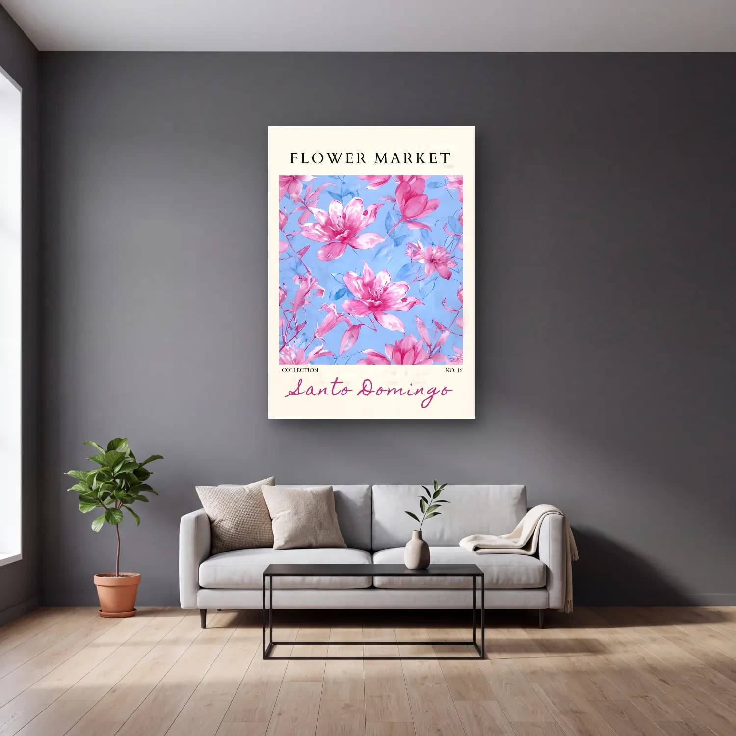 Pastel Manolya No. 4 cam tablo — gri duvarlı salonda
