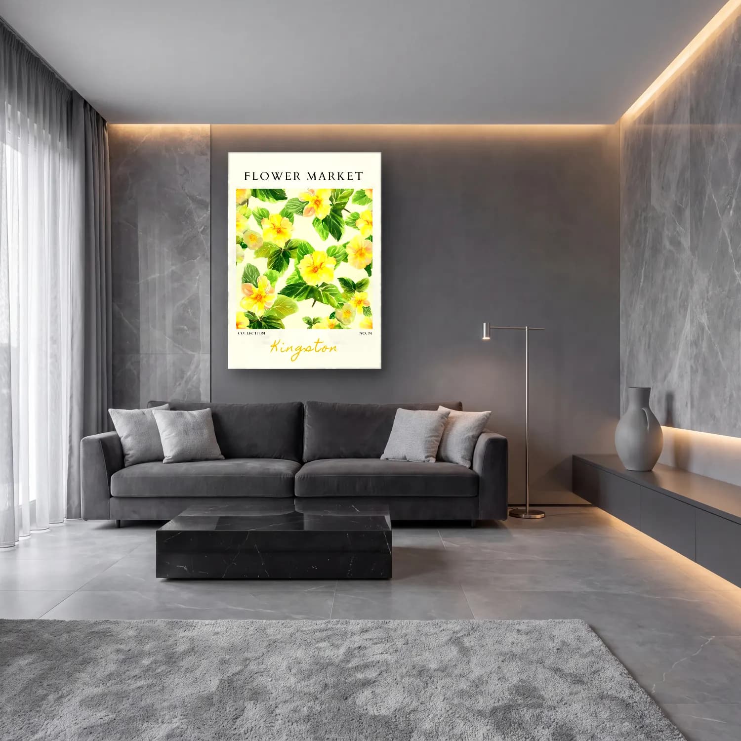 Pastel Çiçek Deseni No. 128 cam tablo — lüks salon duvarında