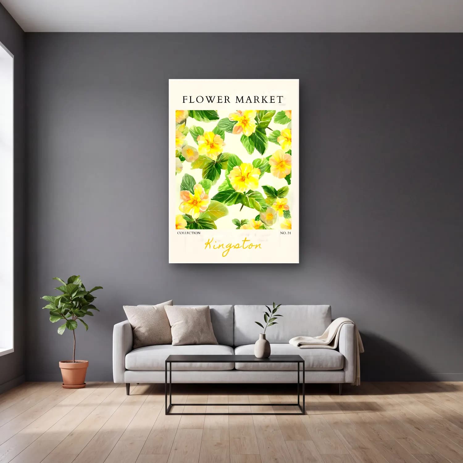 Pastel Çiçek Deseni No. 128 cam tablo — gri duvarlı salonda