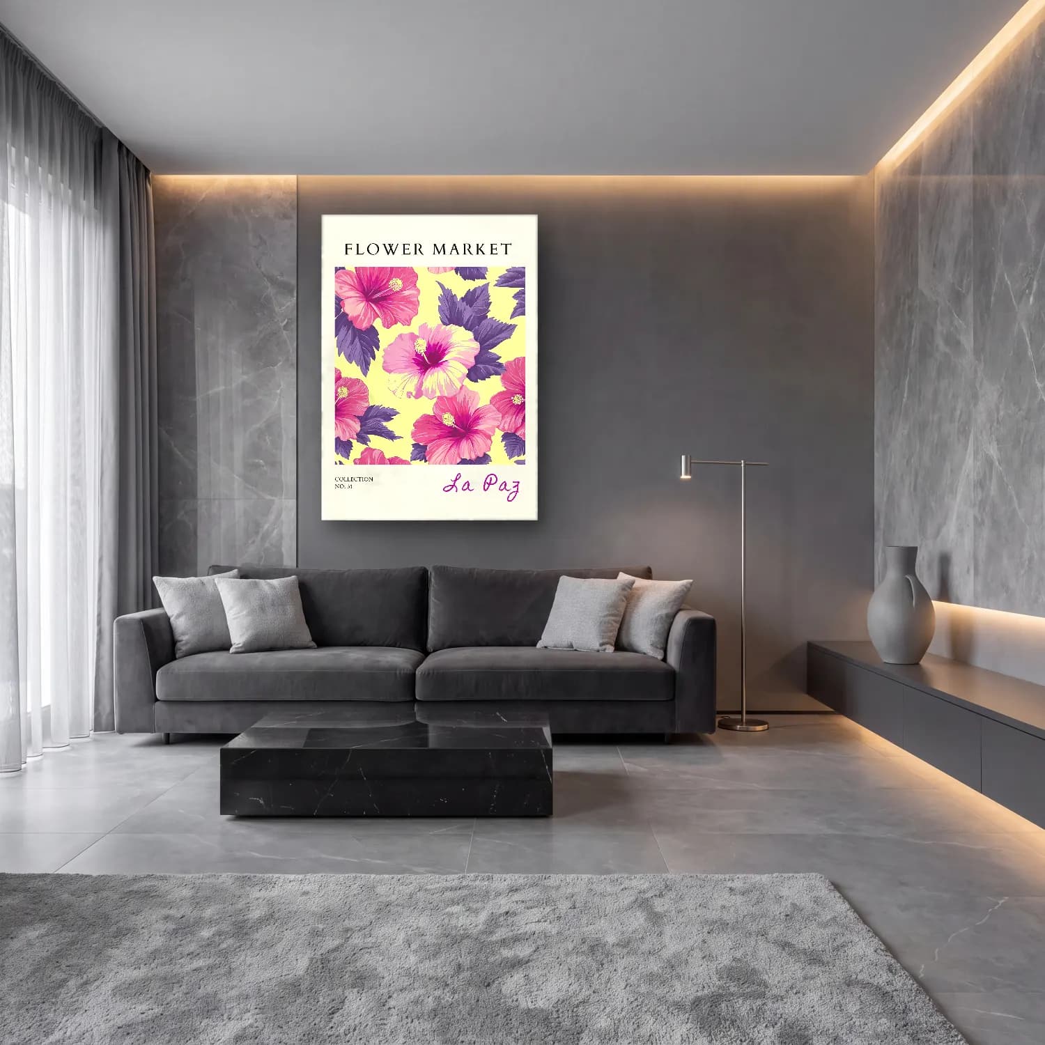 Pastel Çiçek Deseni No. 130 cam tablo — lüks salon duvarında