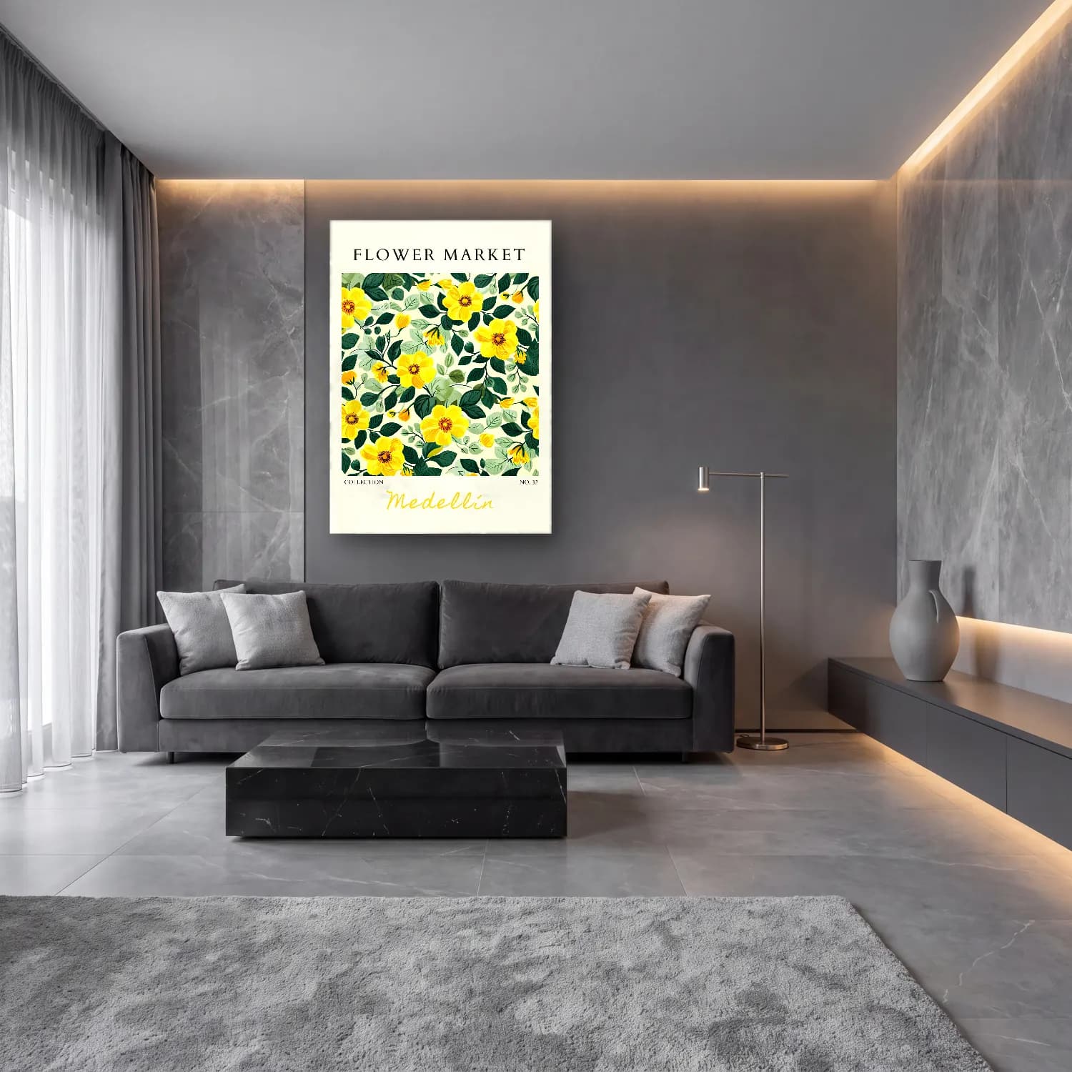 Retro Çiçek Deseni No. 116 cam tablo — lüks salon duvarında