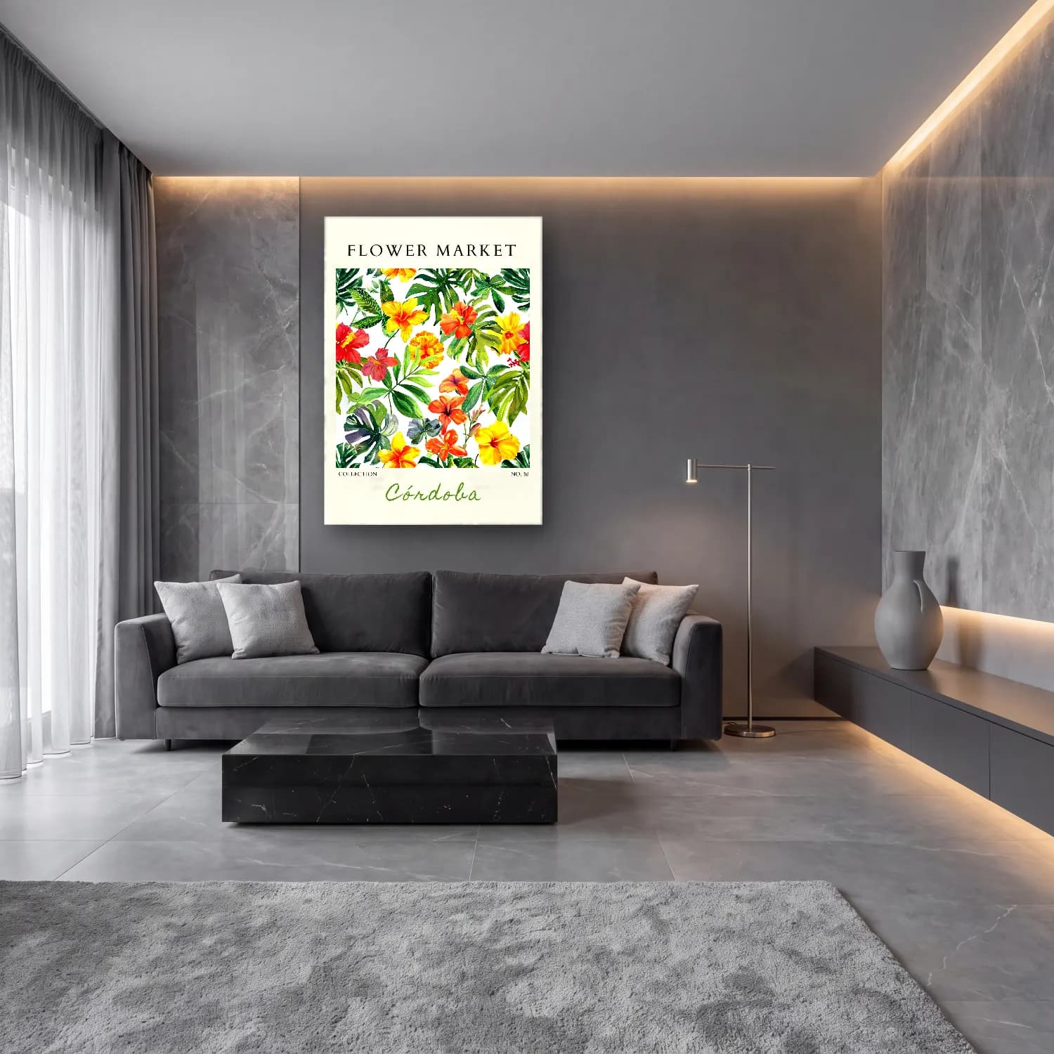 Botanik İllüstrasyon Çiçek Deseni No. 78 cam tablo — lüks salon duvarında