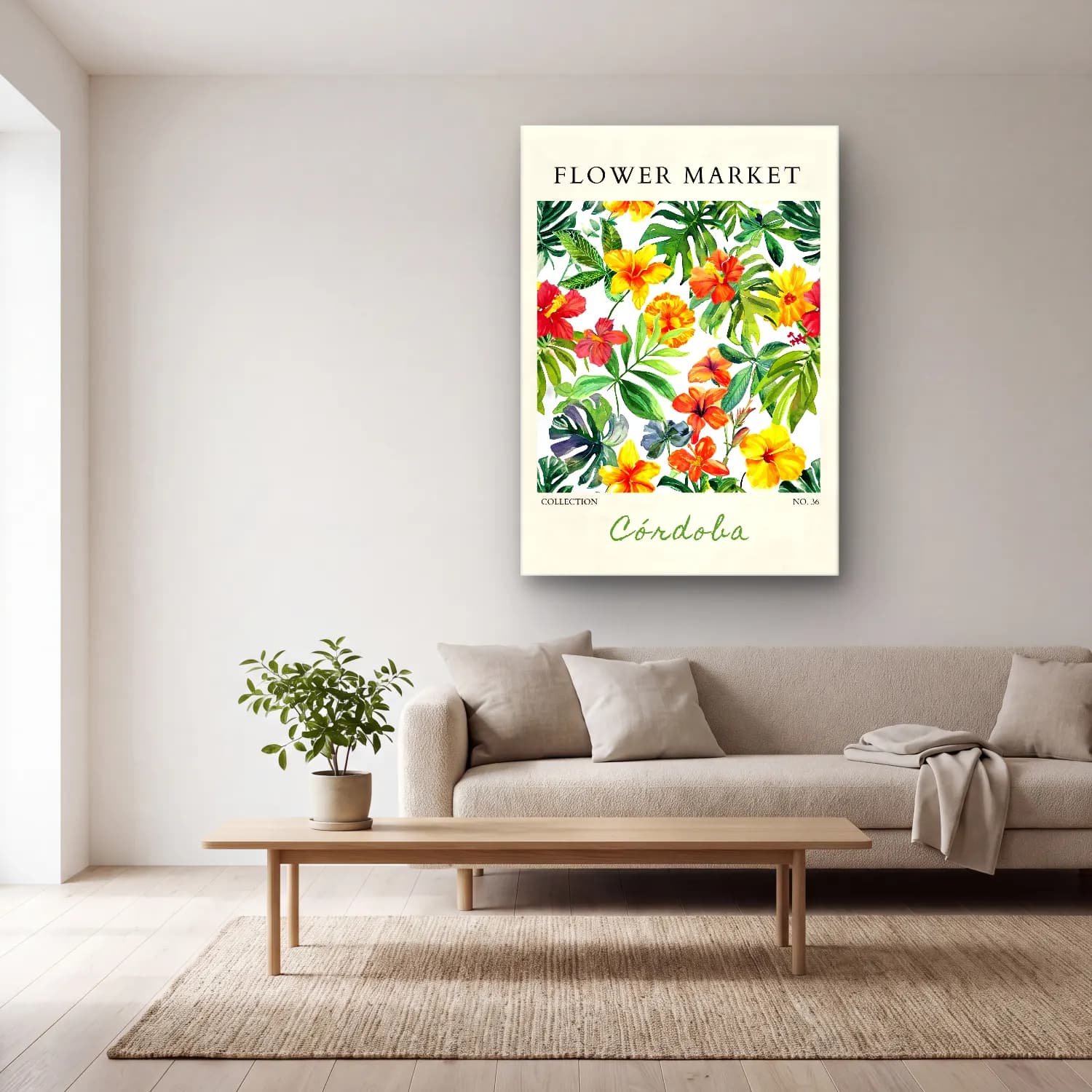 Botanik İllüstrasyon Çiçek Deseni No. 78 cam tablo — açık renk salonda