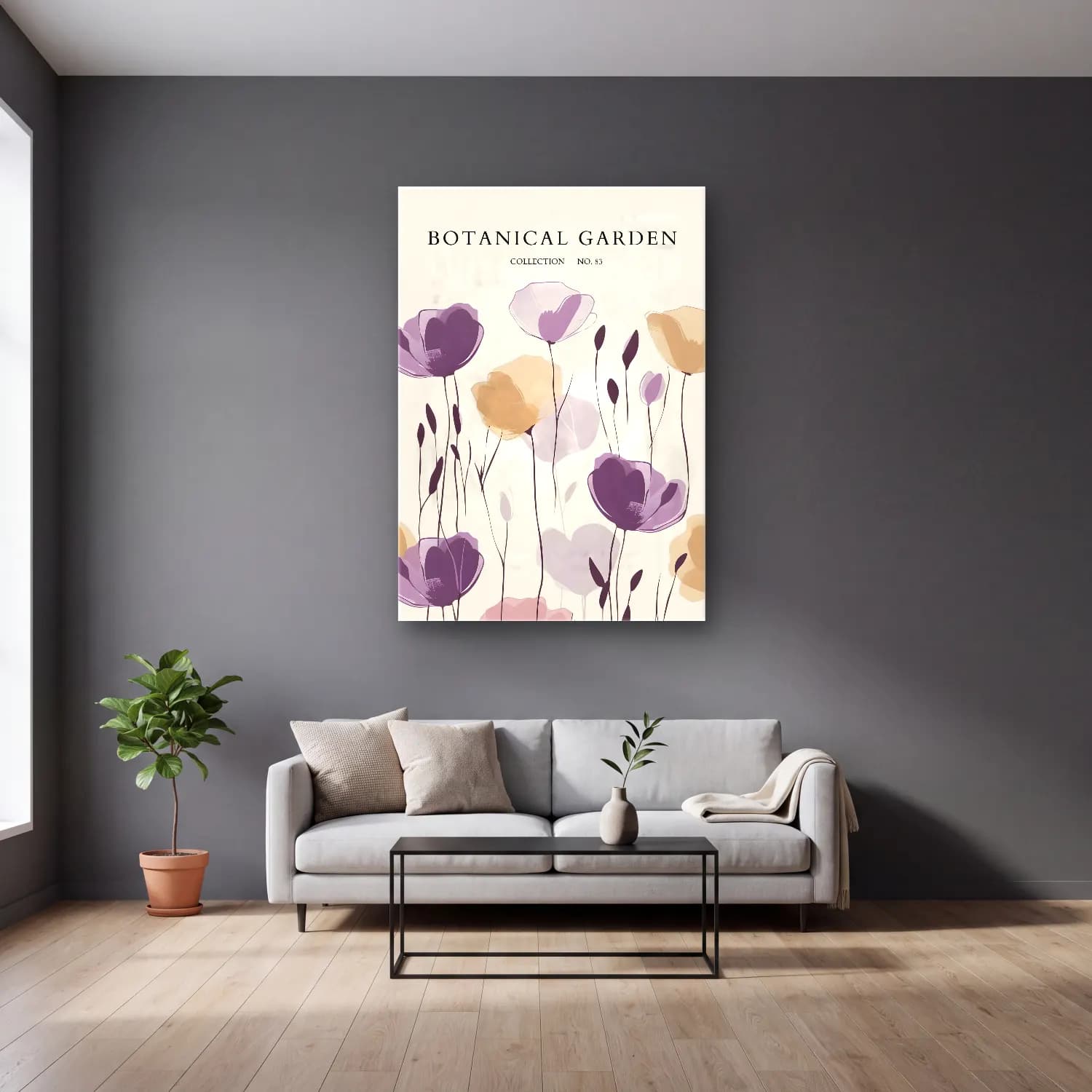 Pastel Çiçek Deseni No. 131 cam tablo — gri duvarlı salonda