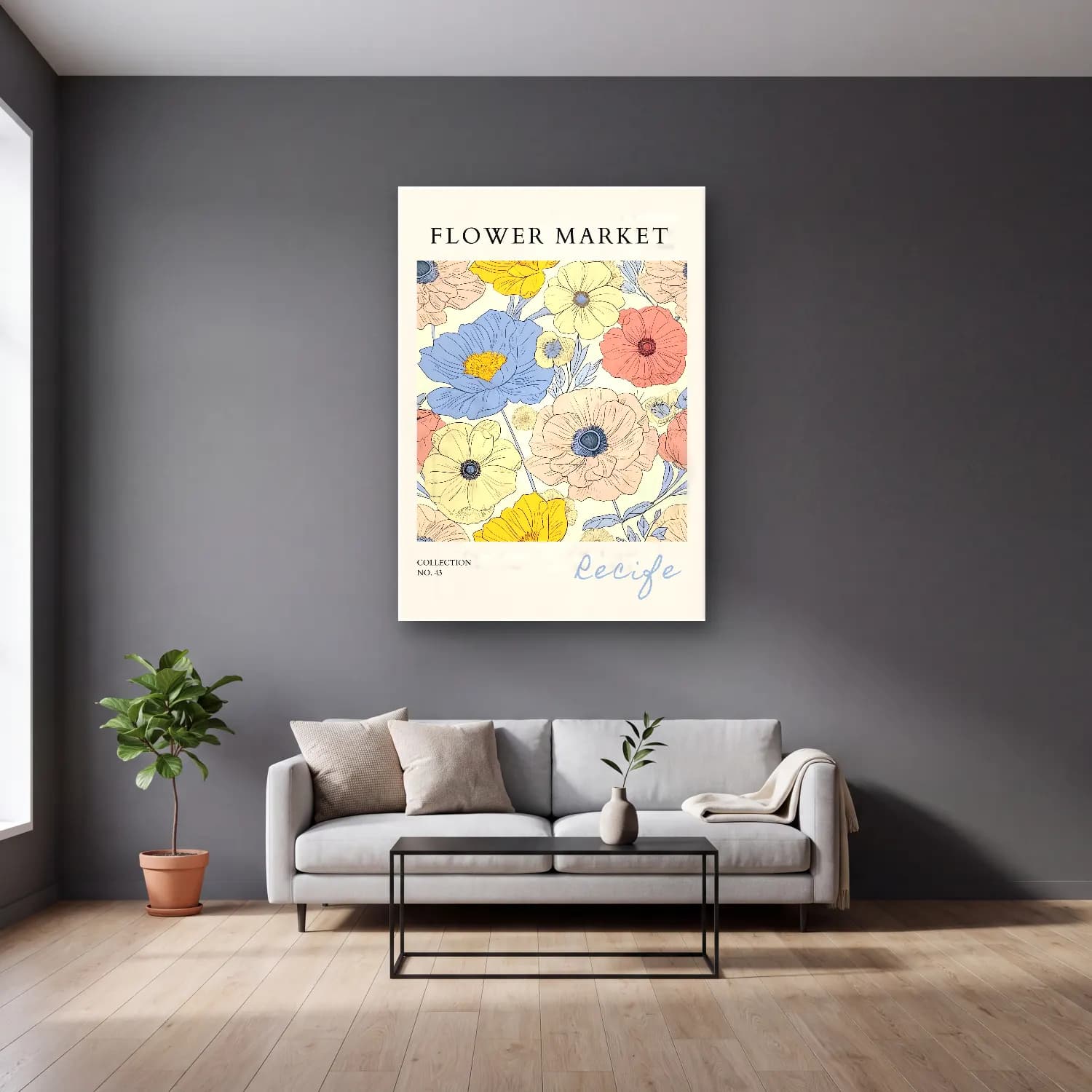Pastel Çiçek Deseni No. 132 cam tablo — gri duvarlı salonda