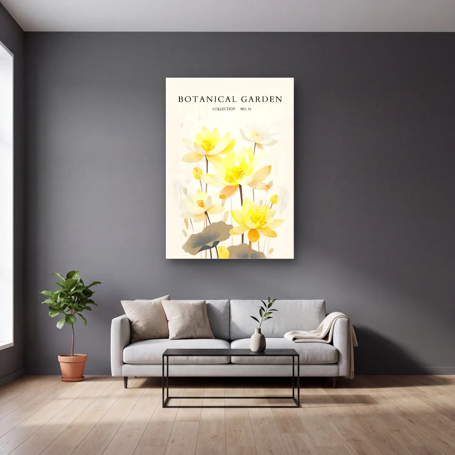 Pastel Lotus Çiçekleri No. 4 cam tablo — gri duvarlı salonda