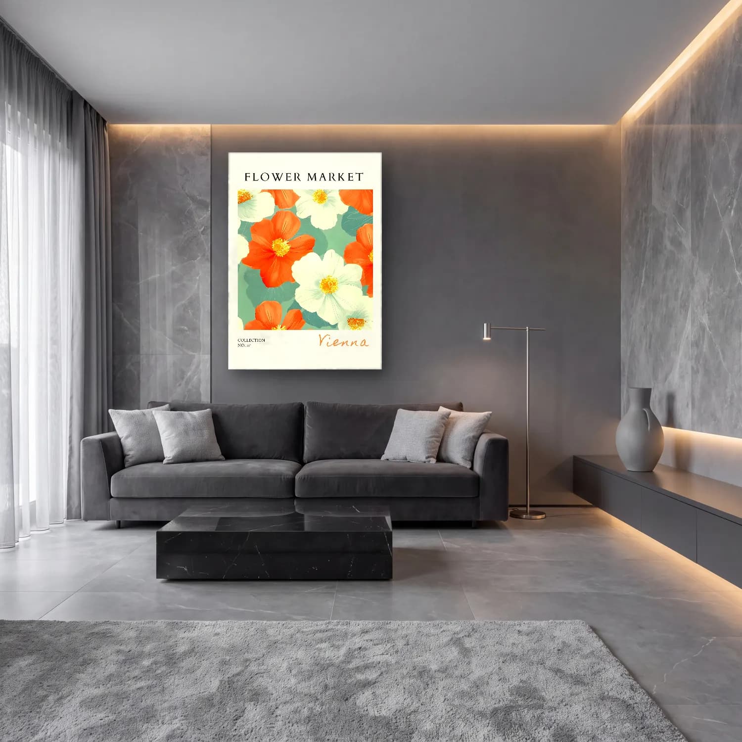 Pastel Çiçek Deseni No. 139 cam tablo — lüks salon duvarında
