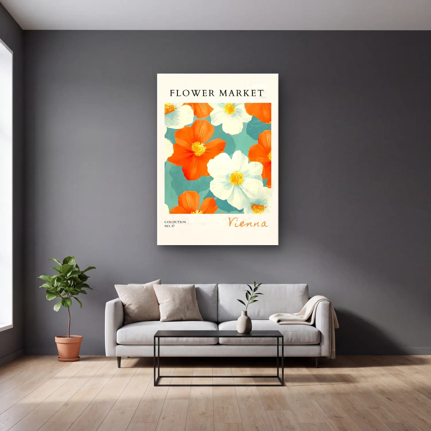 Pastel Çiçek Deseni No. 139 cam tablo — gri duvarlı salonda