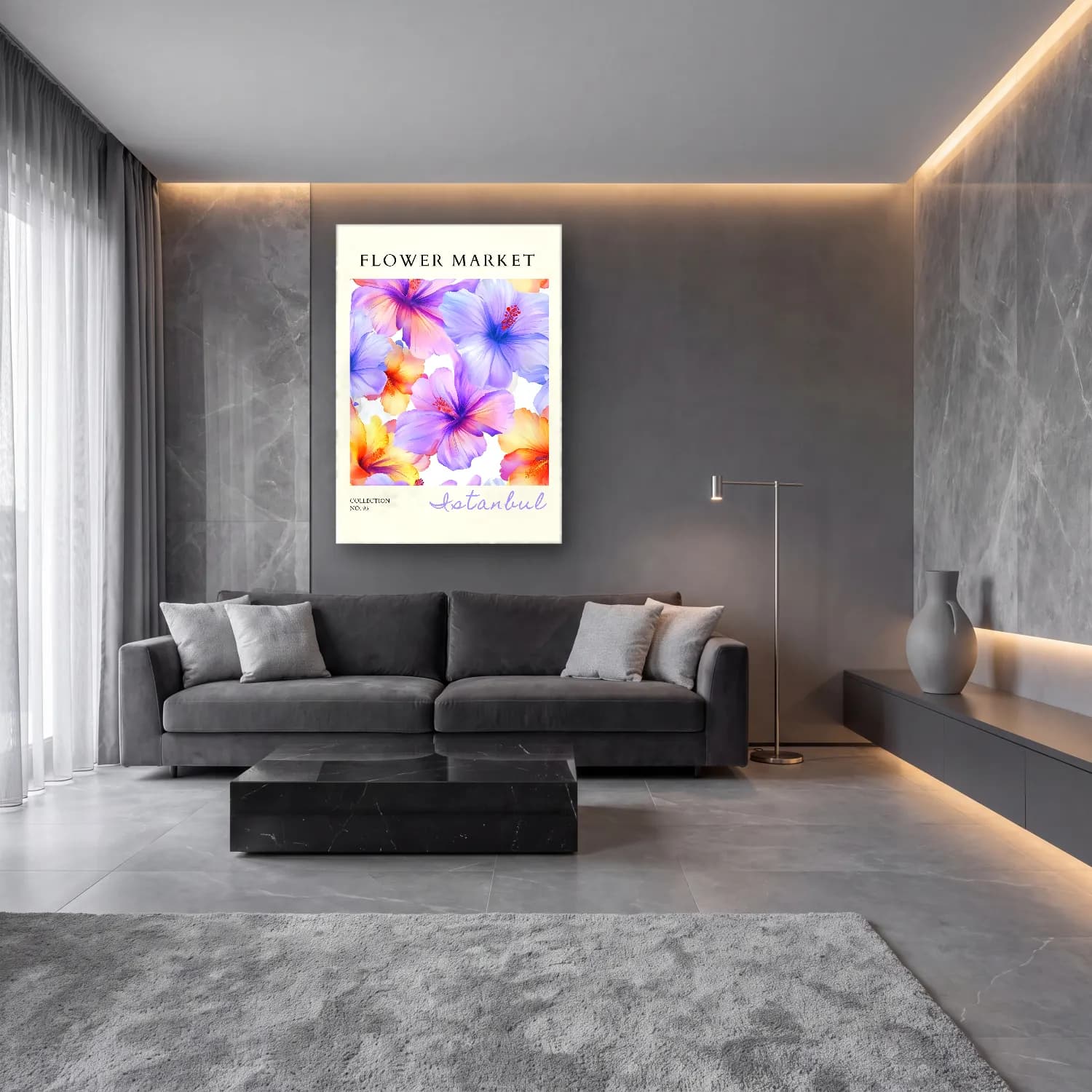 Pastel Çiçek Deseni No. 142 cam tablo — lüks salon duvarında