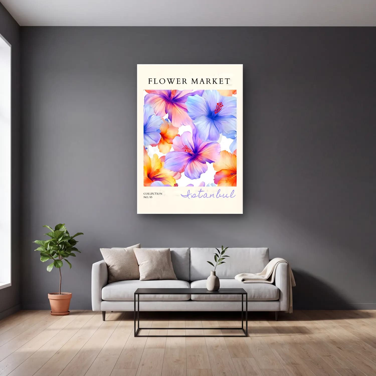 Pastel Çiçek Deseni No. 142 cam tablo — gri duvarlı salonda