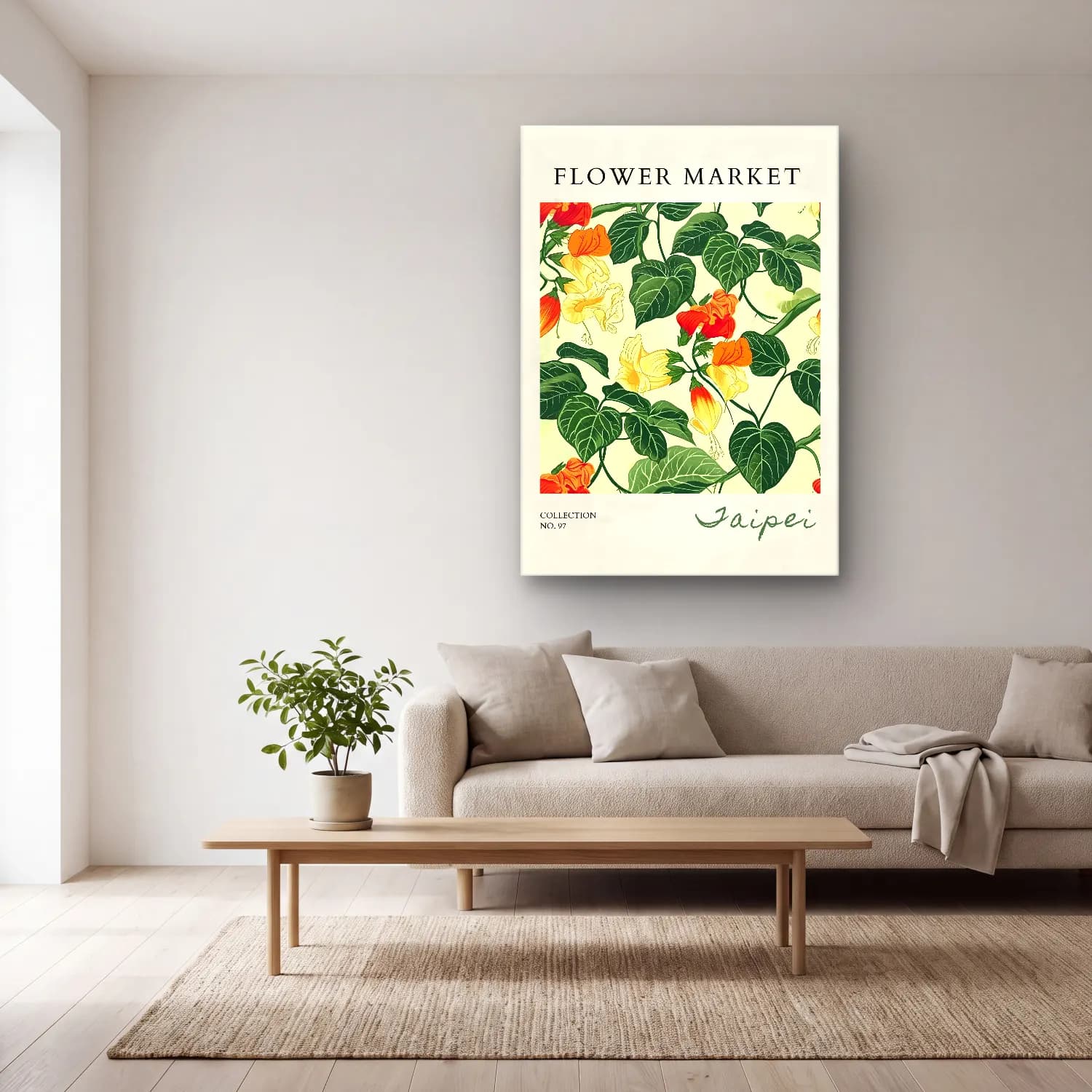 Botanik İllüstrasyon Çiçek Deseni No. 79 cam tablo — açık renk salonda