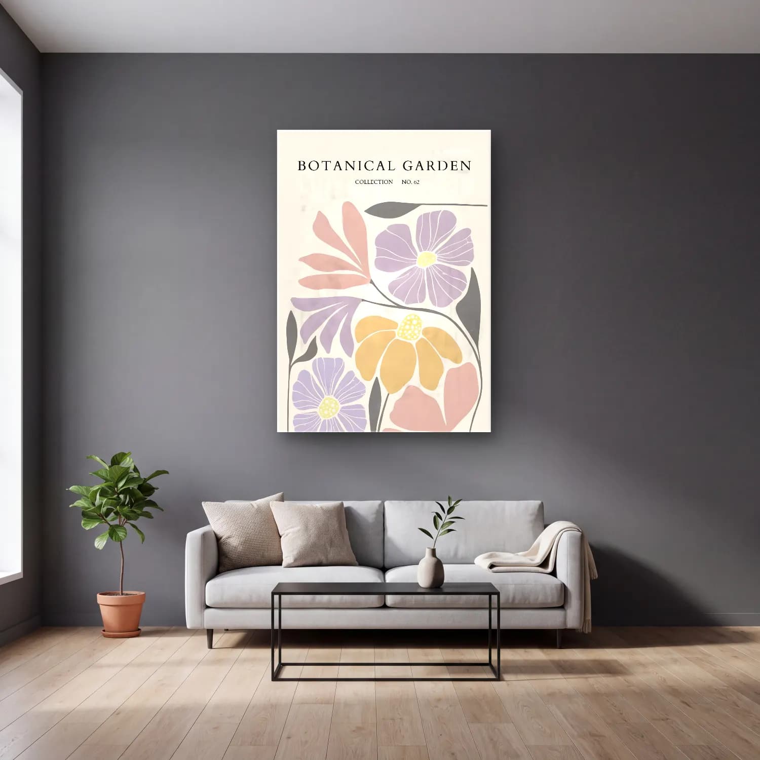 Pastel Çiçek Deseni No. 92 cam tablo — gri duvarlı salonda
