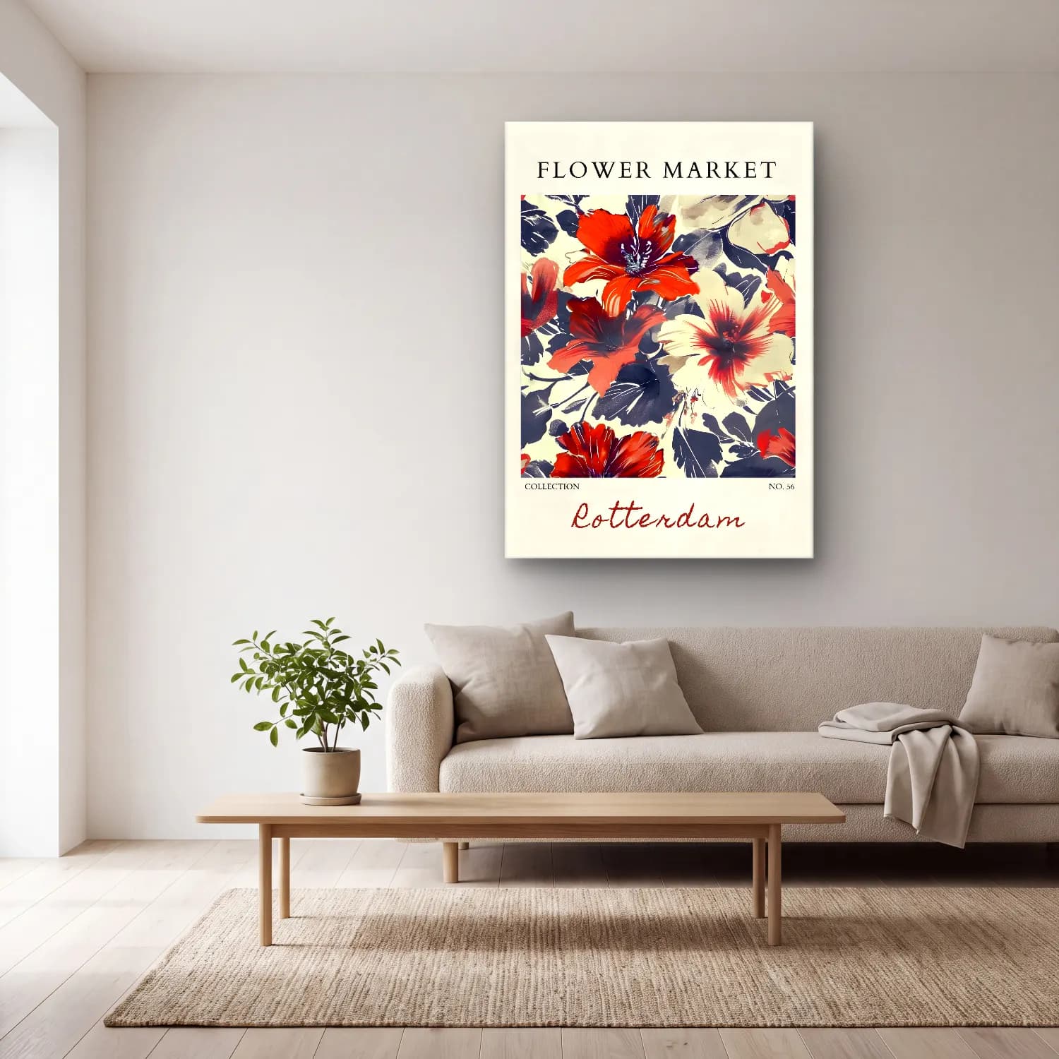 Boho Çiçek Deseni No. 46 cam tablo — açık renk salonda