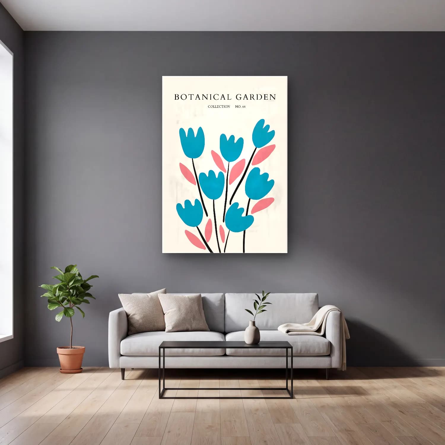 Pastel Laleler No. 9 cam tablo — gri duvarlı salonda