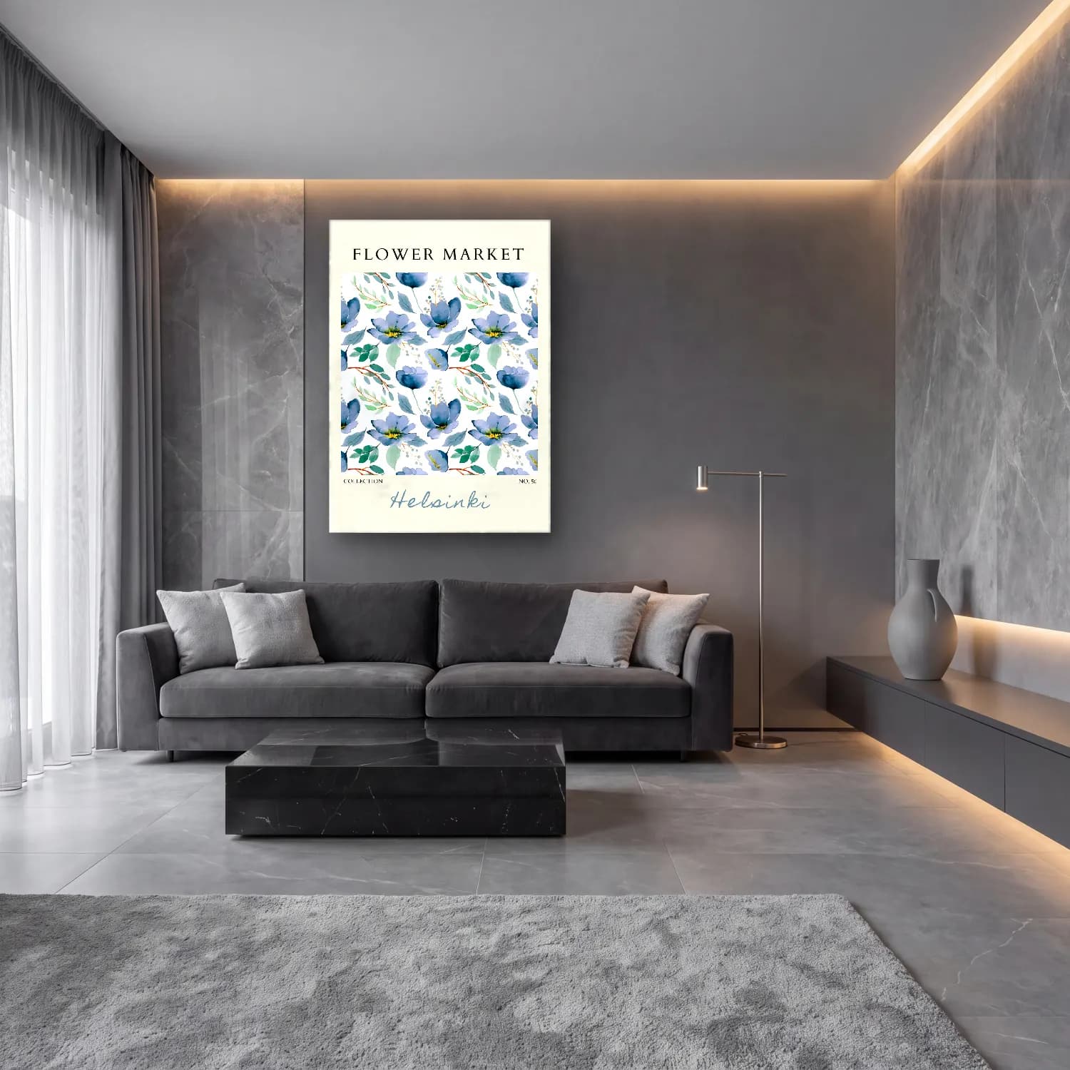 Boho Çiçek Deseni No. 38 cam tablo — lüks salon duvarında
