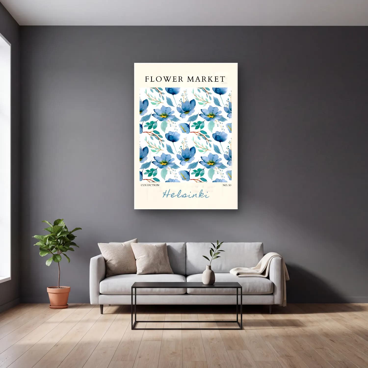 Boho Çiçek Deseni No. 38 cam tablo — gri duvarlı salonda