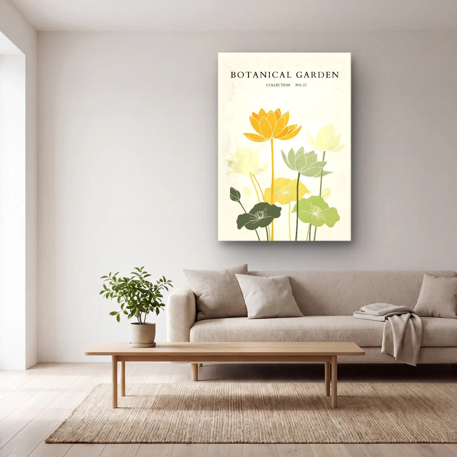 Botanik İllüstrasyon Lotus Çiçekleri No. 11 cam tablo — açık renk salonda