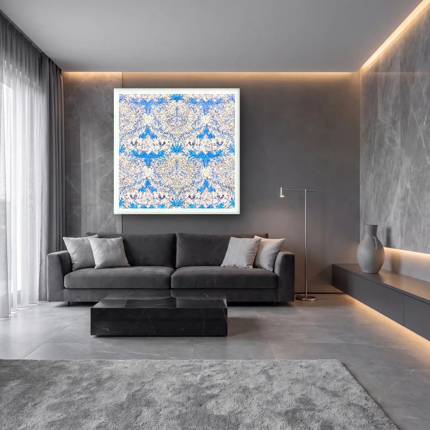 Boho Çiçek Deseni No. 135 cam tablo — lüks salon duvarında