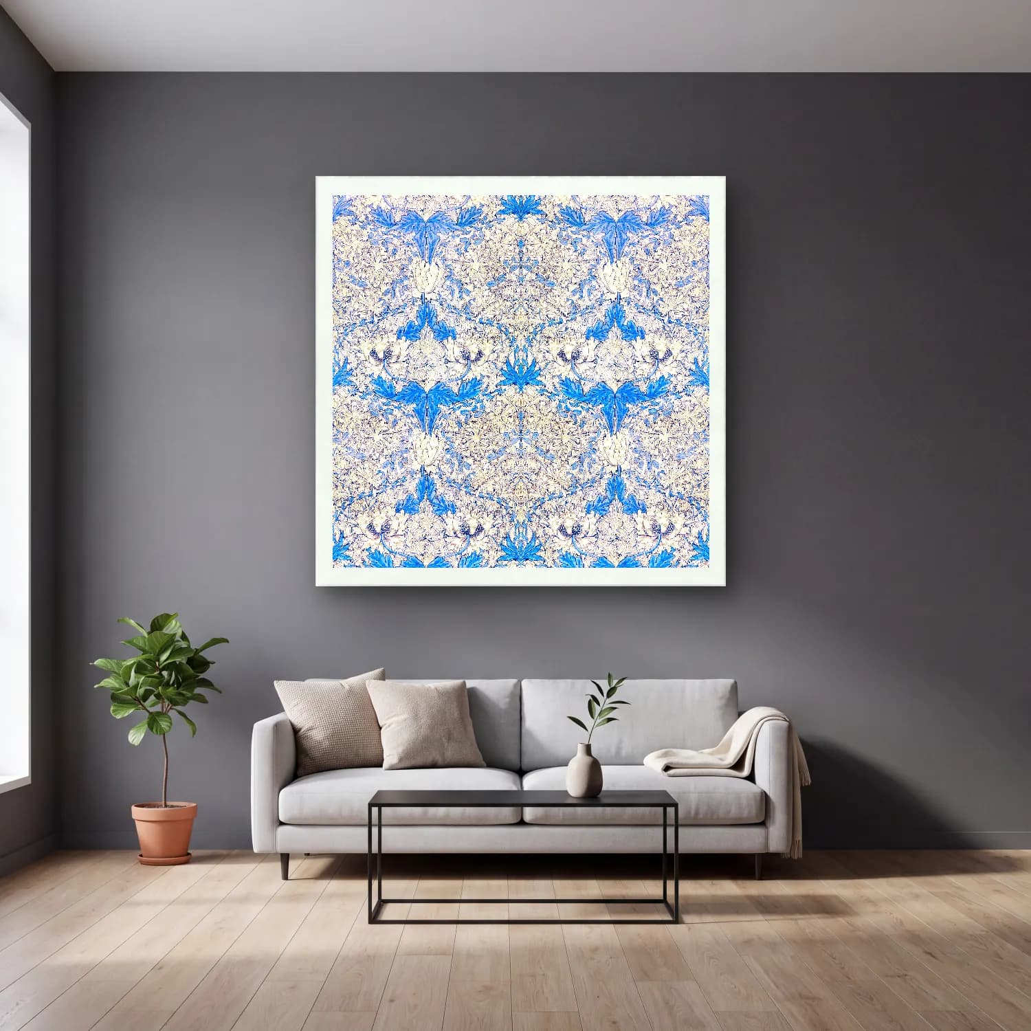 Boho Çiçek Deseni No. 135 cam tablo — gri duvarlı salonda