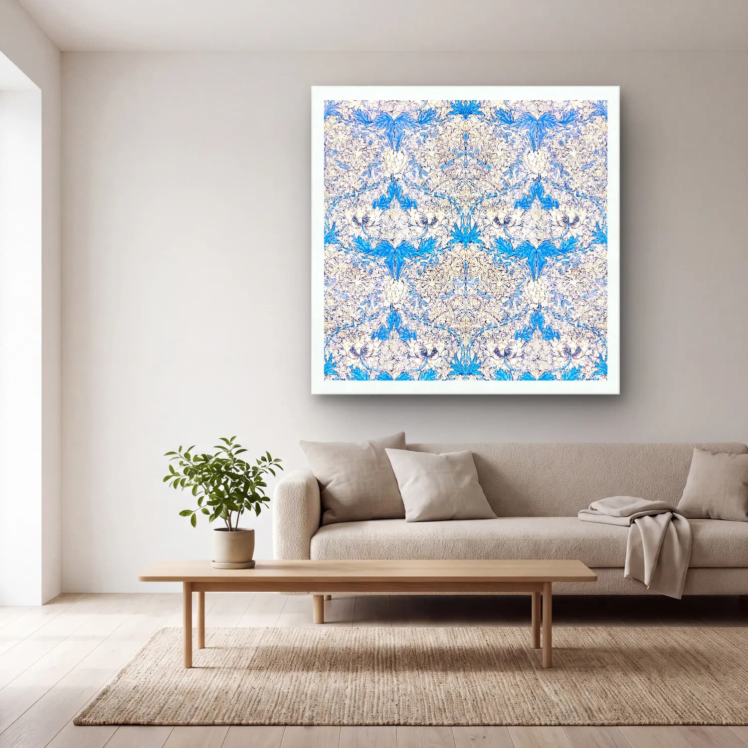 Boho Çiçek Deseni No. 135 cam tablo — açık renk salonda