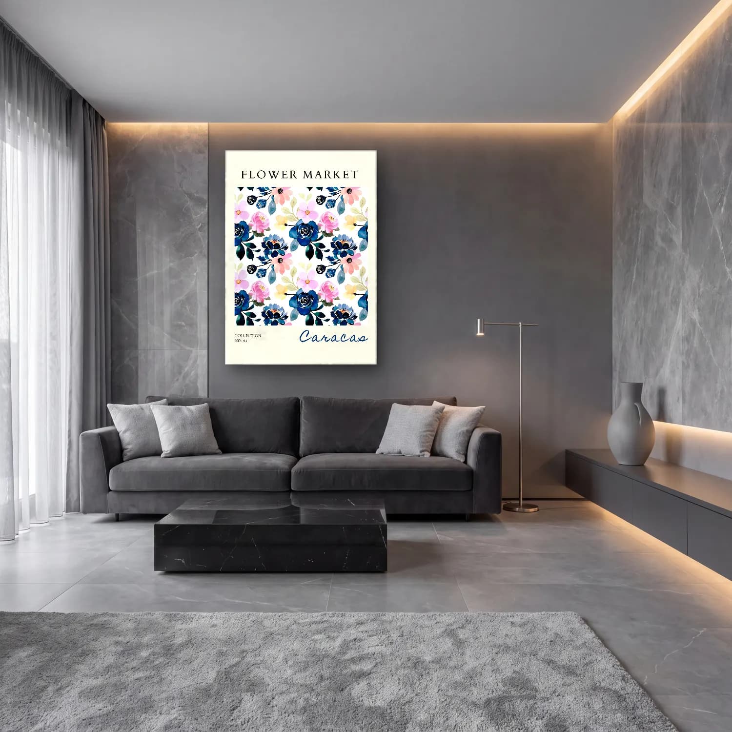 Boho Çiçek Deseni No. 39 cam tablo — lüks salon duvarında