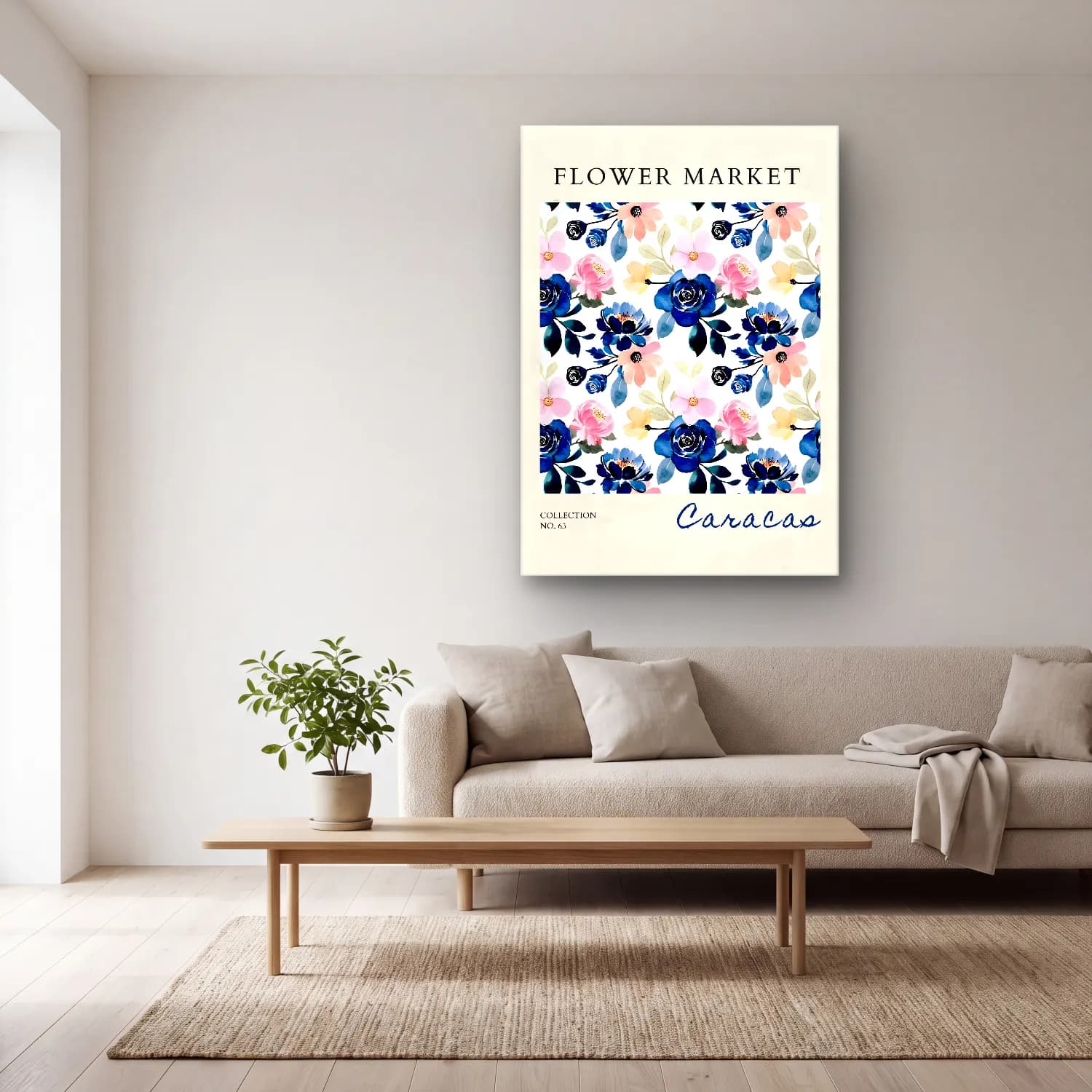 Boho Çiçek Deseni No. 39 cam tablo — açık renk salonda