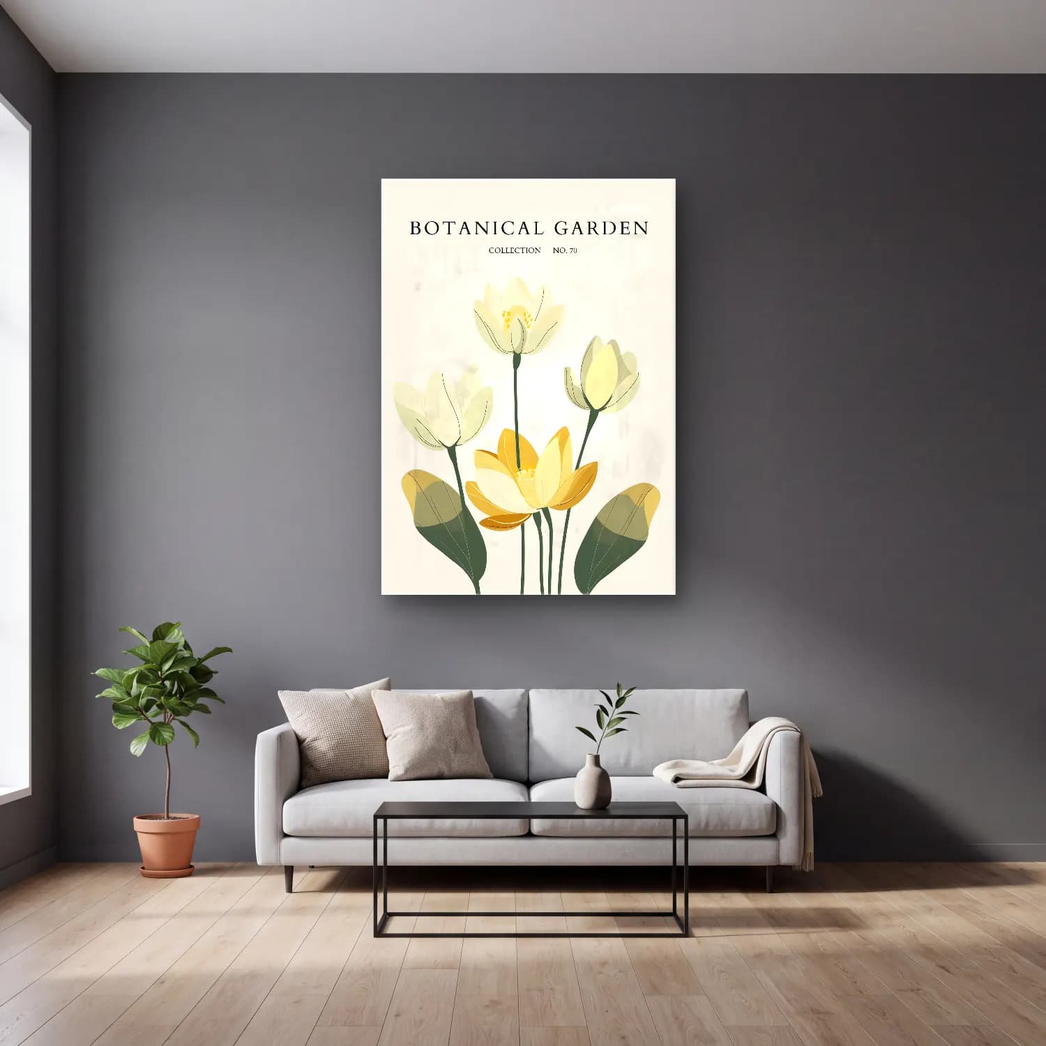 Botanik İllüstrasyon Lotus Çiçekleri No. 12 cam tablo — gri duvarlı salonda