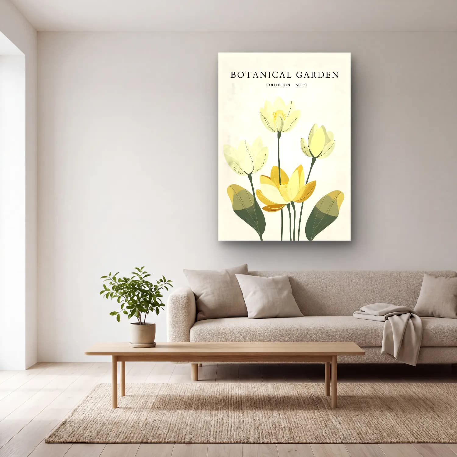 Botanik İllüstrasyon Lotus Çiçekleri No. 12 cam tablo — açık renk salonda