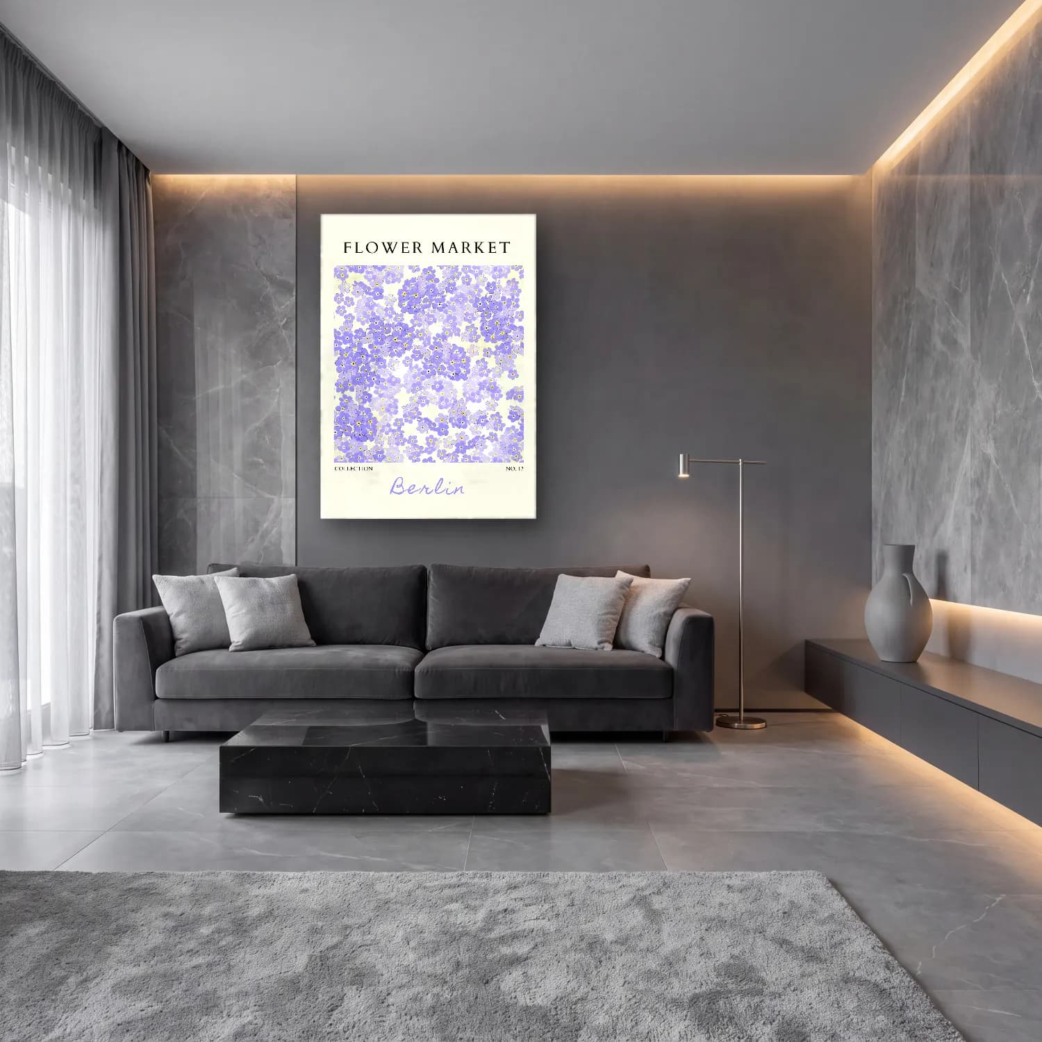 Pastel Çiçek Deseni No. 63 cam tablo — lüks salon duvarında
