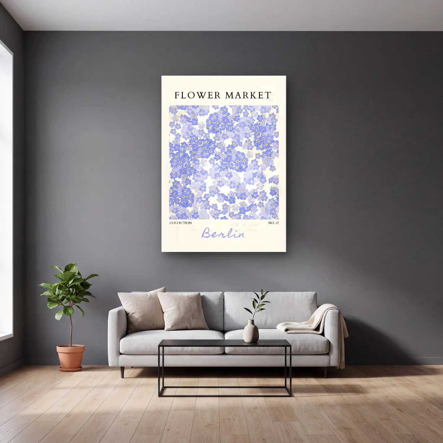Pastel Çiçek Deseni No. 63 cam tablo — gri duvarlı salonda