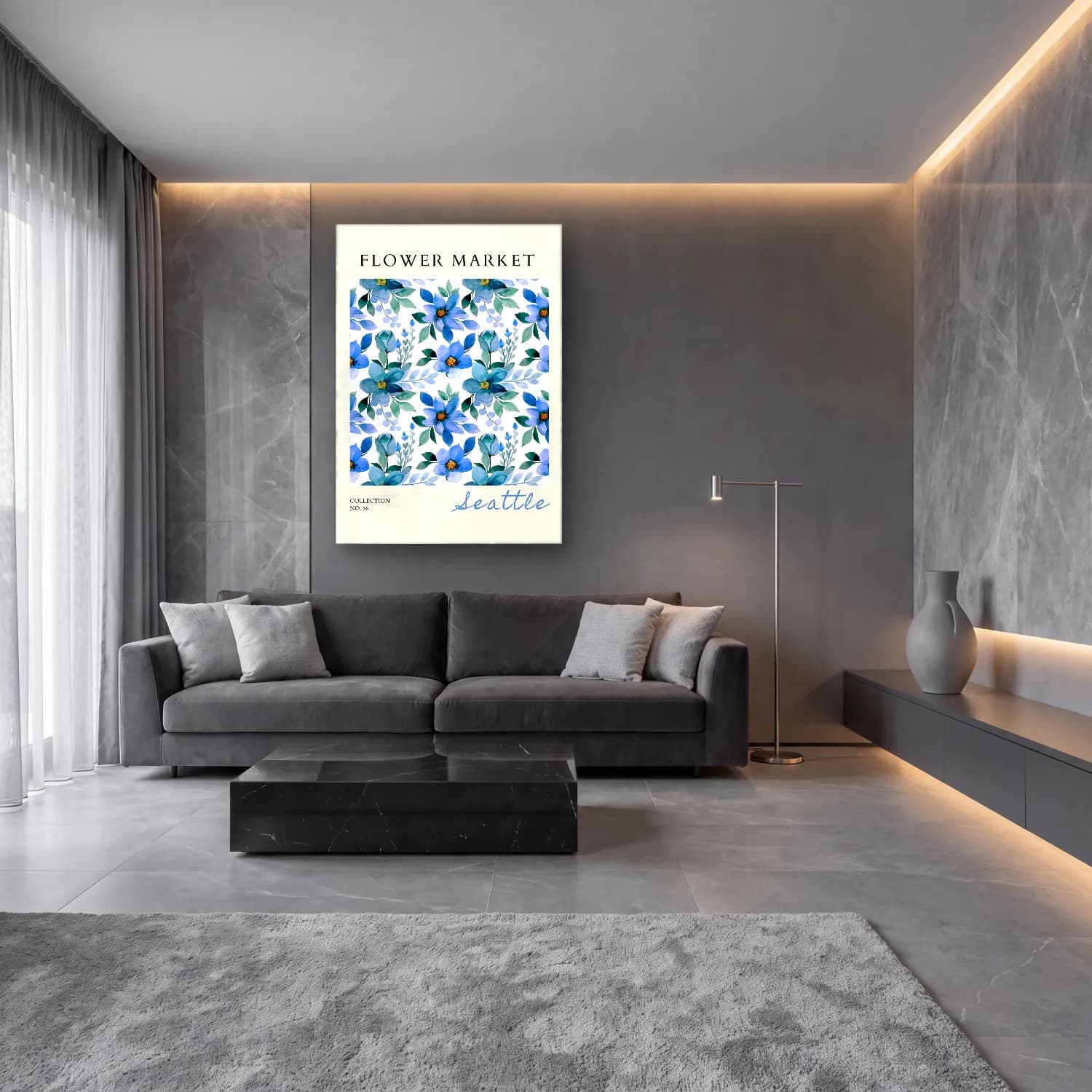 Suluboya Çiçek Deseni No. 6 cam tablo — lüks salon duvarında