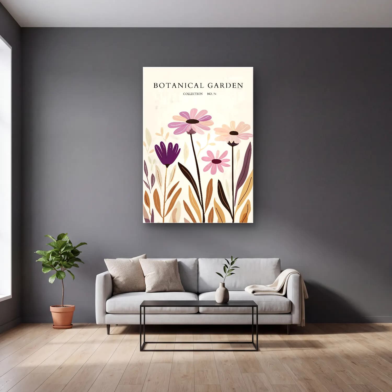 Pastel Çiçek Deseni No. 144 cam tablo — gri duvarlı salonda