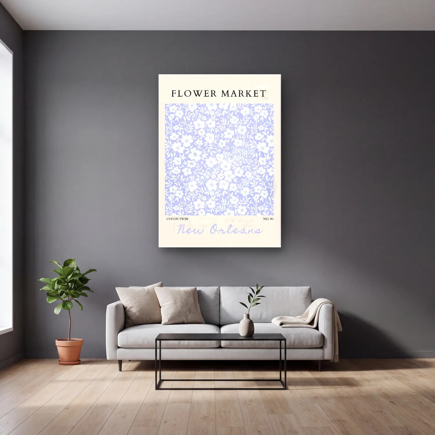 Pastel Çiçek Deseni No. 105 cam tablo — gri duvarlı salonda