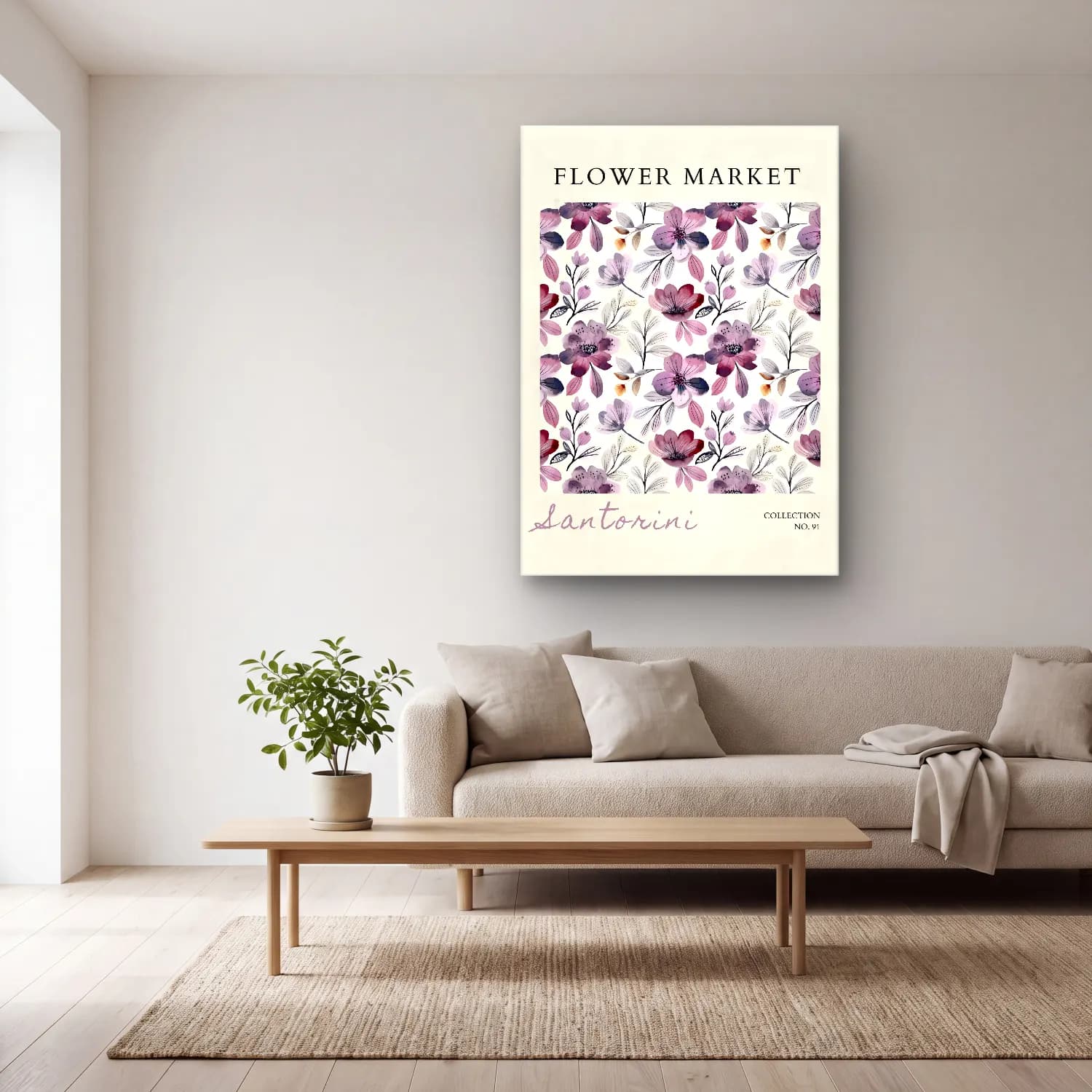Boho Çiçek Deseni No. 42 cam tablo — açık renk salonda