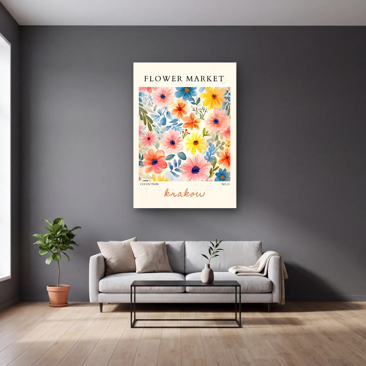 Pastel Çiçek Deseni No. 145 cam tablo — gri duvarlı salonda