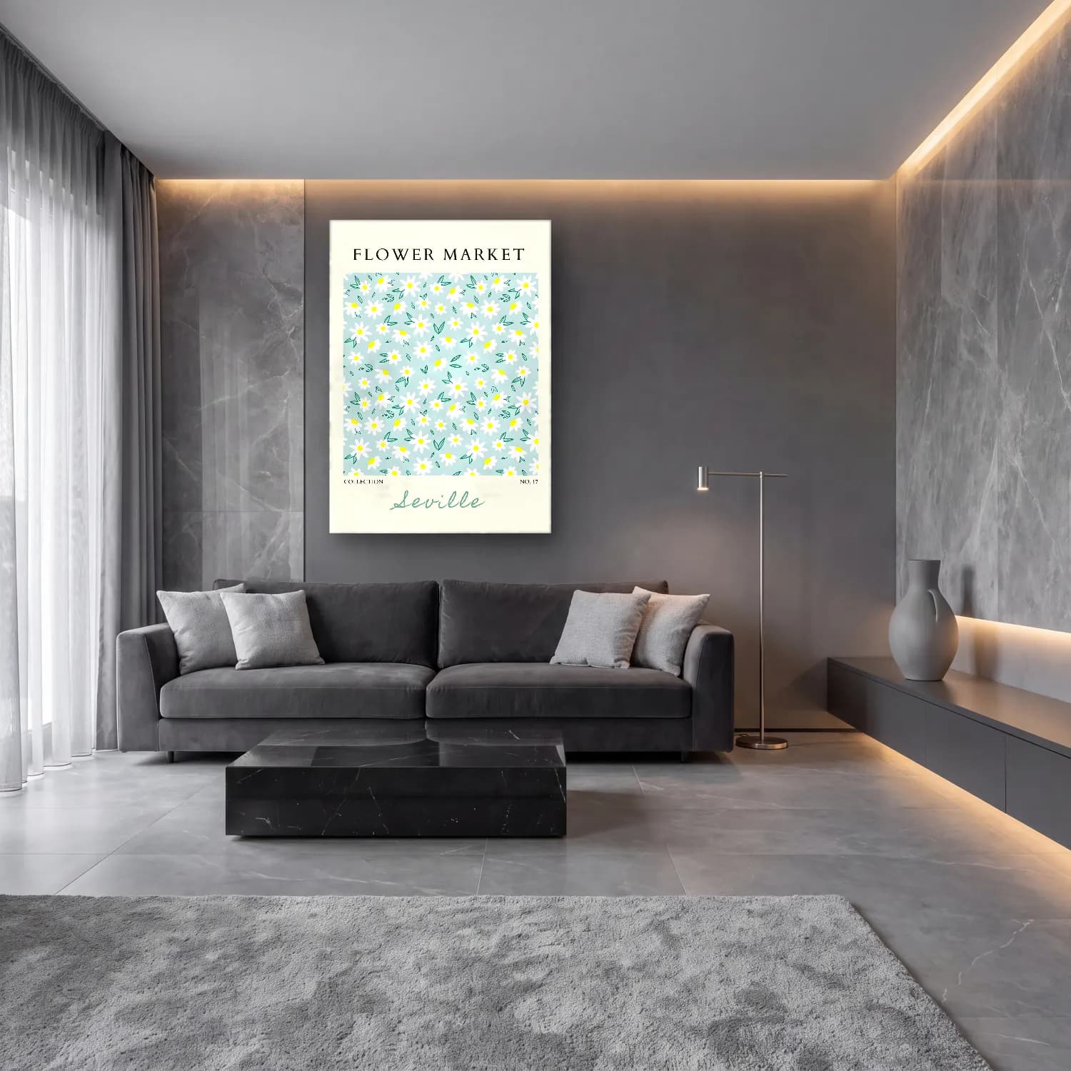 Pastel Papatyalar No. 5 cam tablo — lüks salon duvarında
