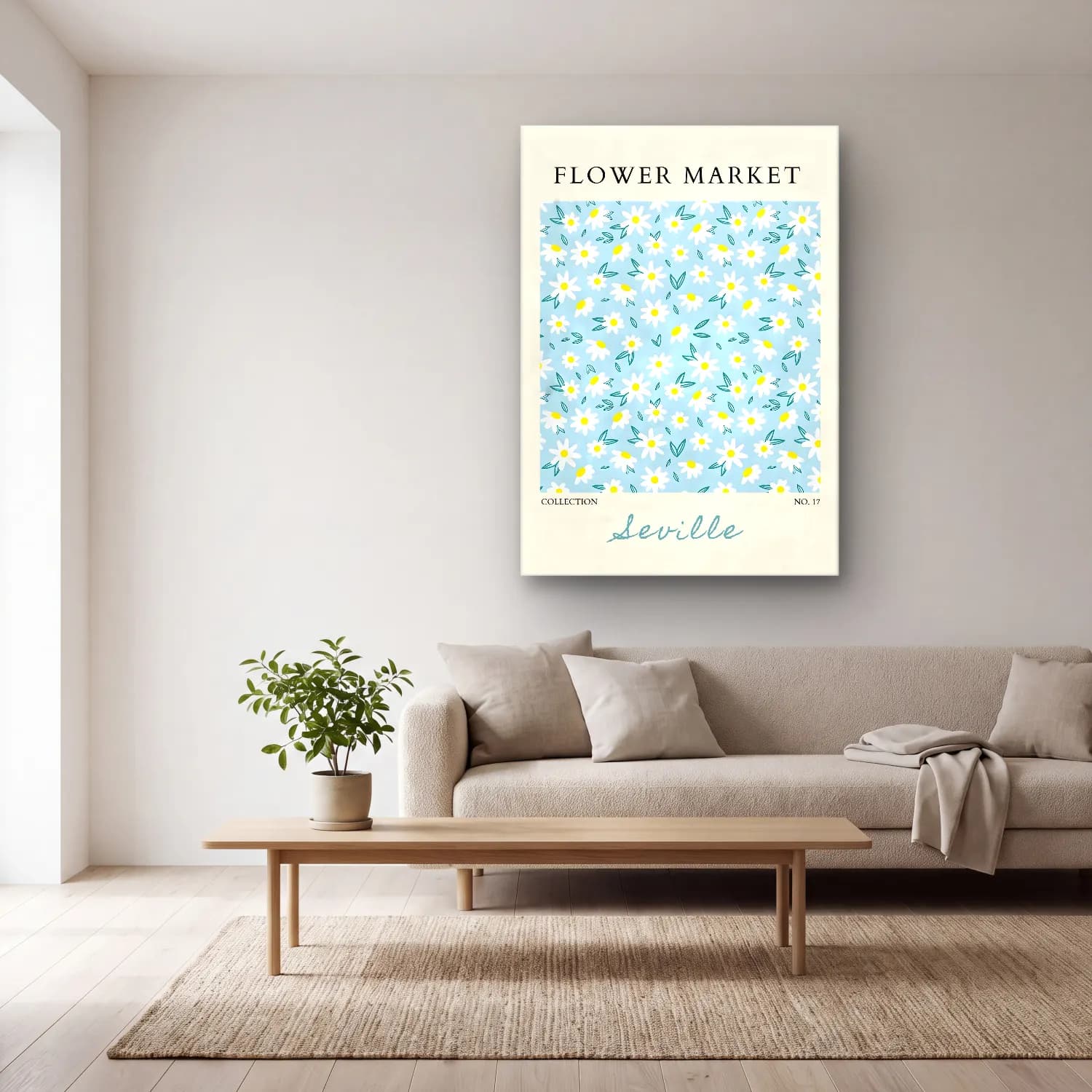 Pastel Papatyalar No. 5 cam tablo — açık renk salonda