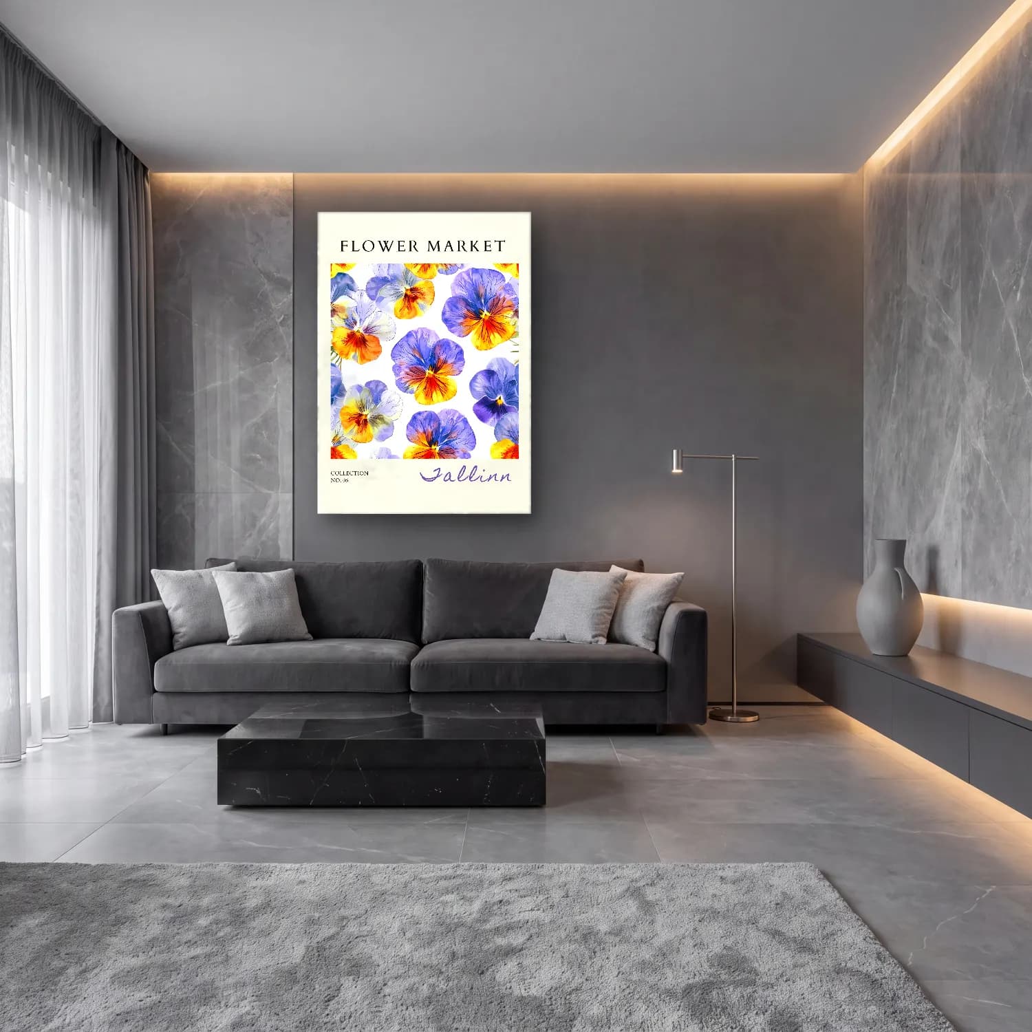 Botanik İllüstrasyon Çiçek Deseni No. 80 cam tablo — lüks salon duvarında