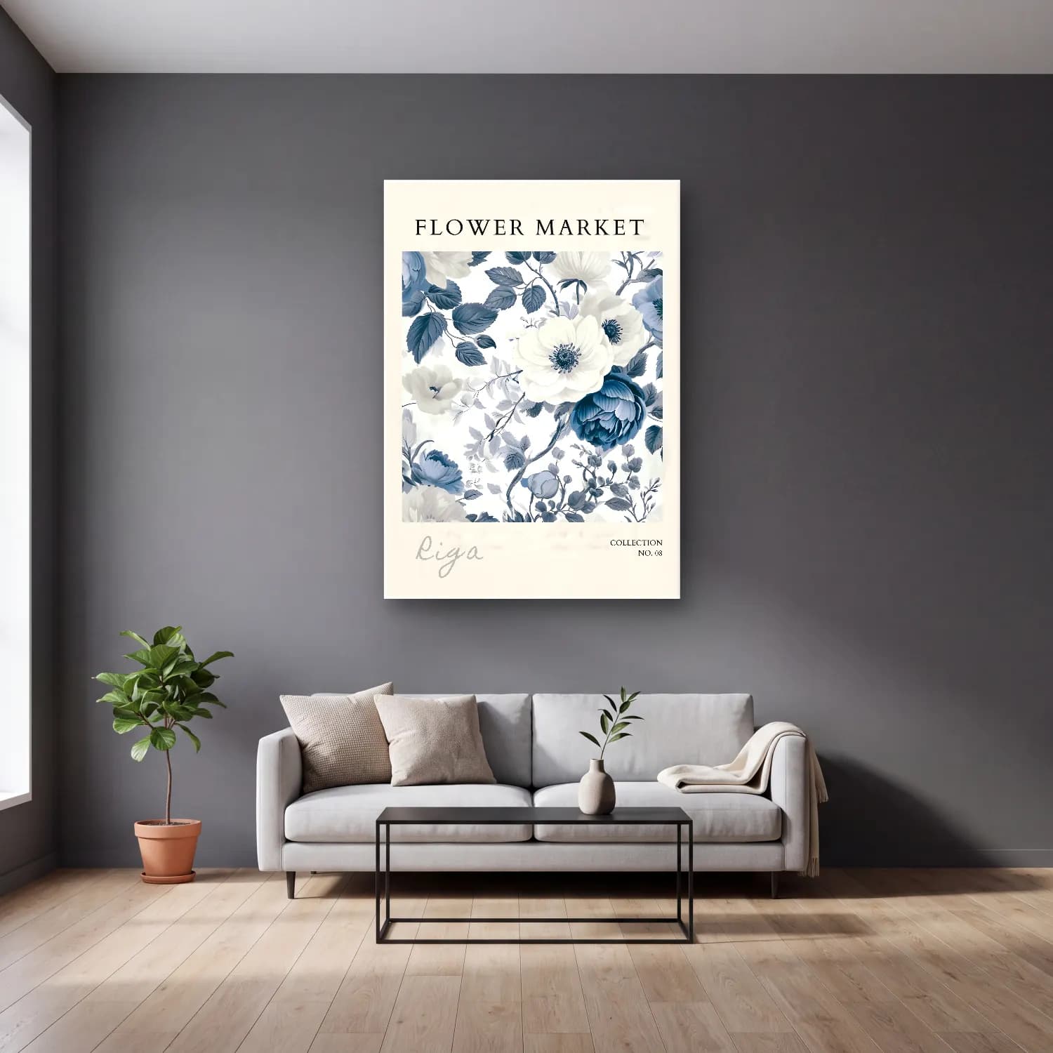 Siyah Beyaz Çiçek Deseni No. 8 cam tablo — gri duvarlı salonda