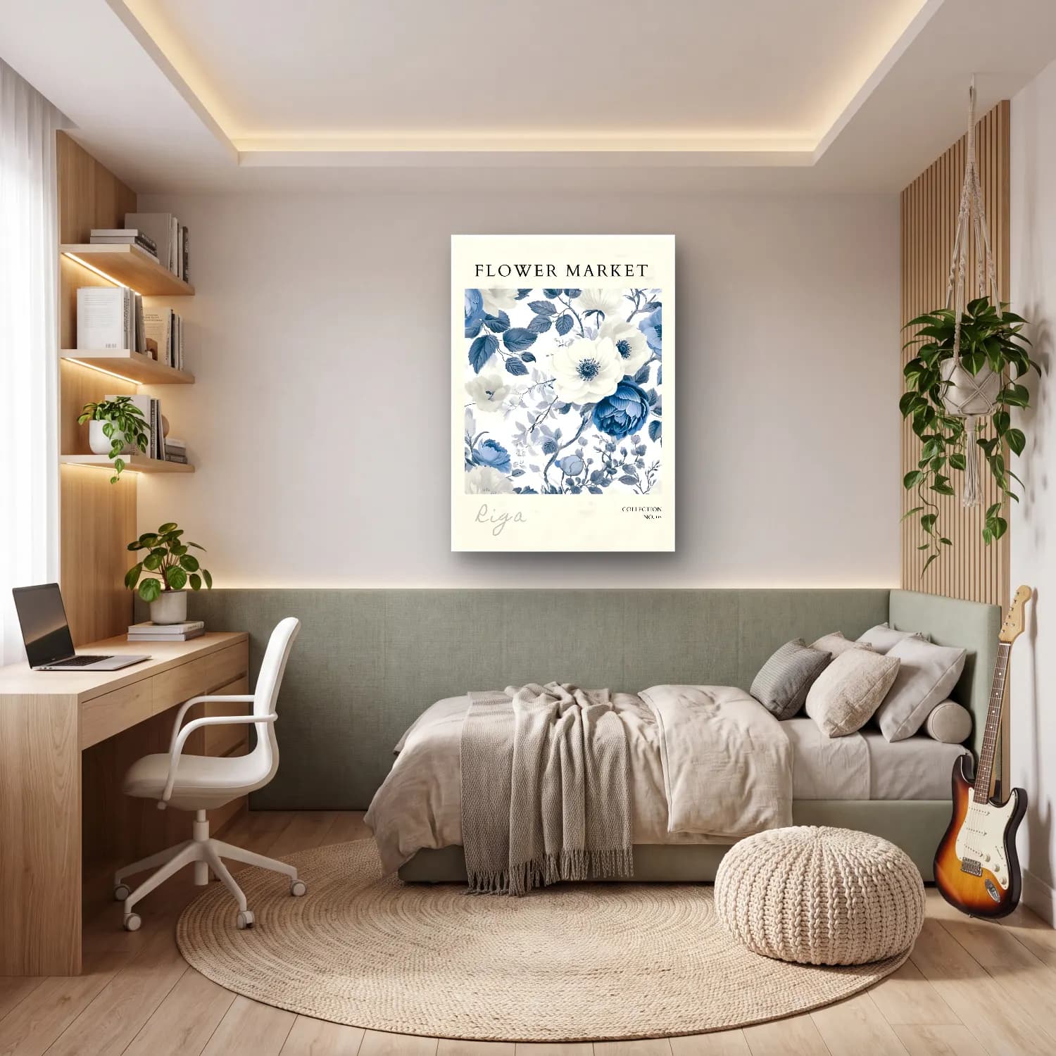 Siyah Beyaz Çiçek Deseni No. 8 cam tablo — genç odasında