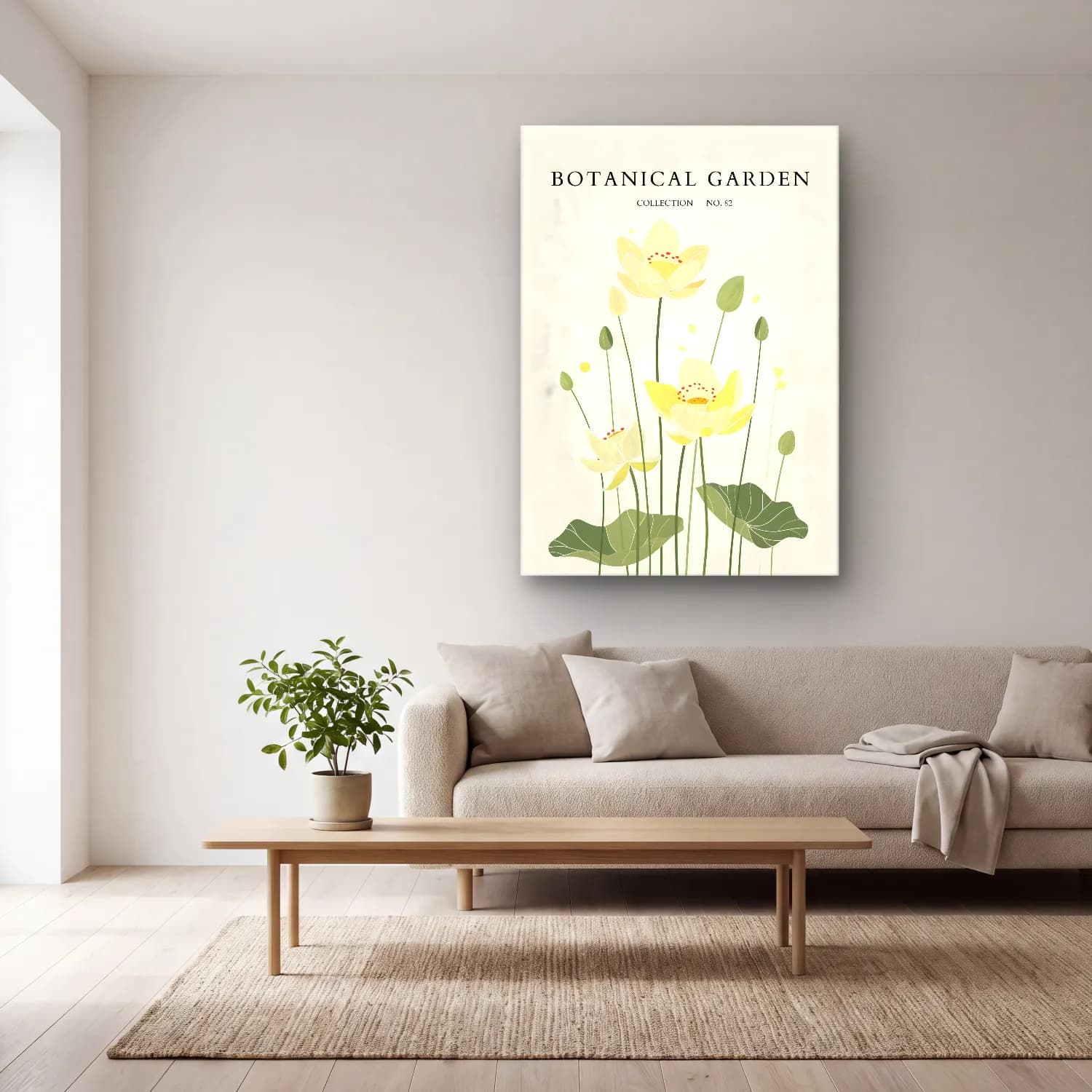 Botanik İllüstrasyon Lotus Çiçekleri No. 13 cam tablo — açık renk salonda