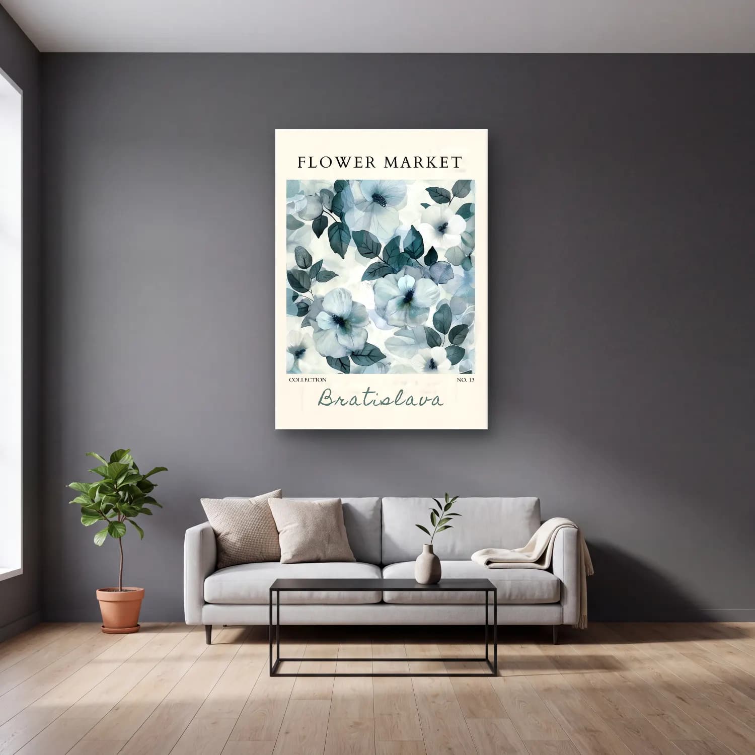 Pastel Çiçek Deseni No. 151 cam tablo — gri duvarlı salonda