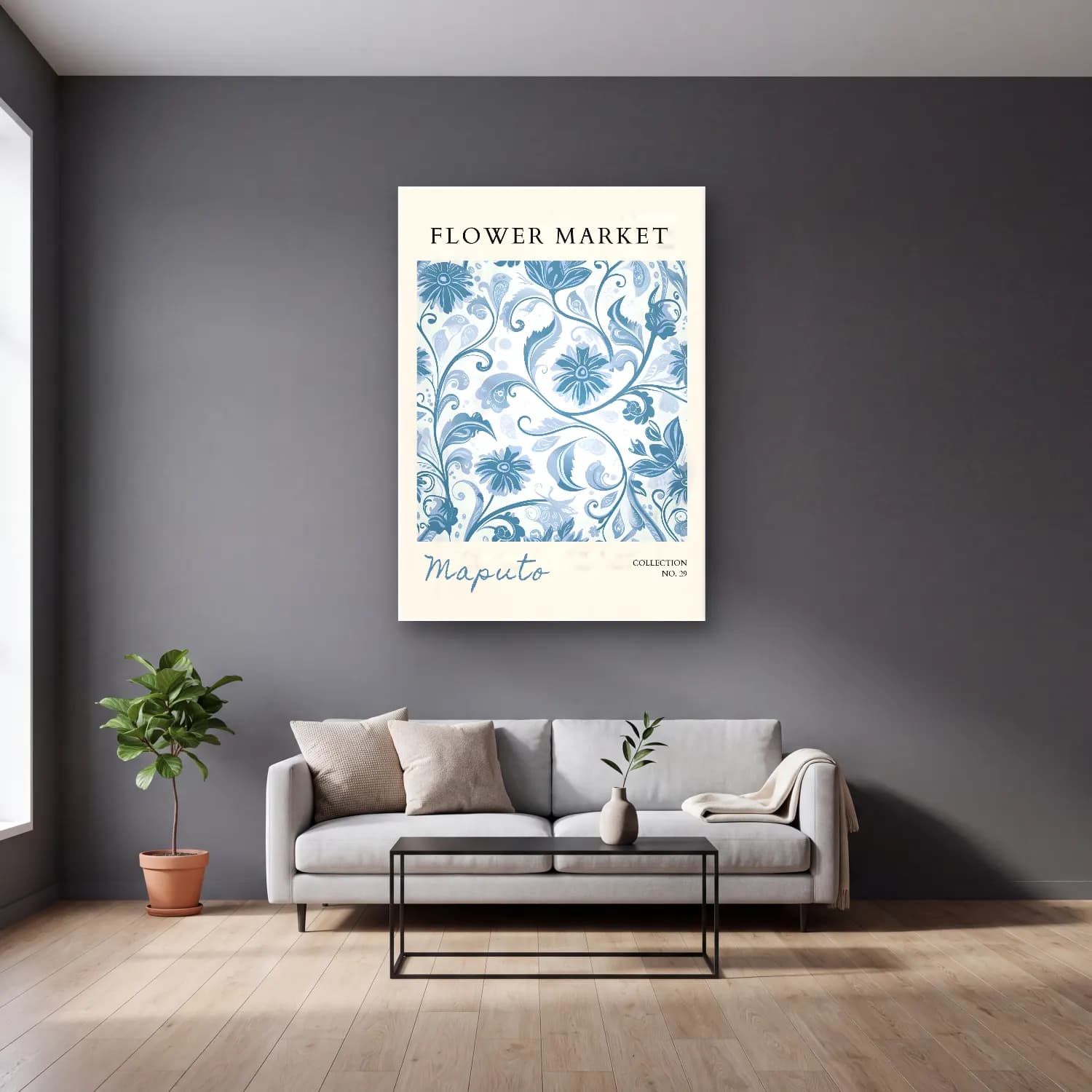 Pastel Çiçek Deseni No. 158 cam tablo — gri duvarlı salonda