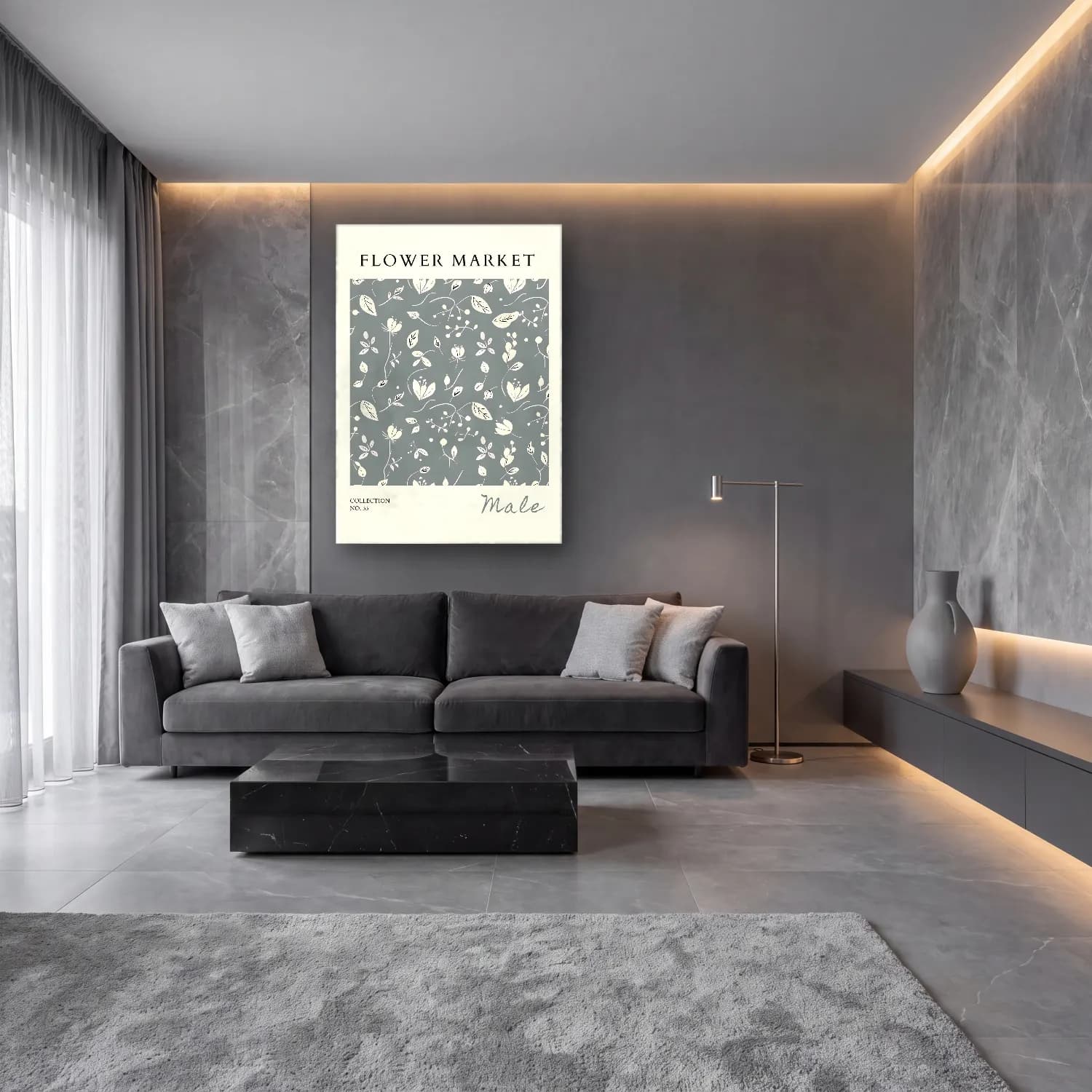 Pastel Çiçek Deseni No. 160 cam tablo — lüks salon duvarında