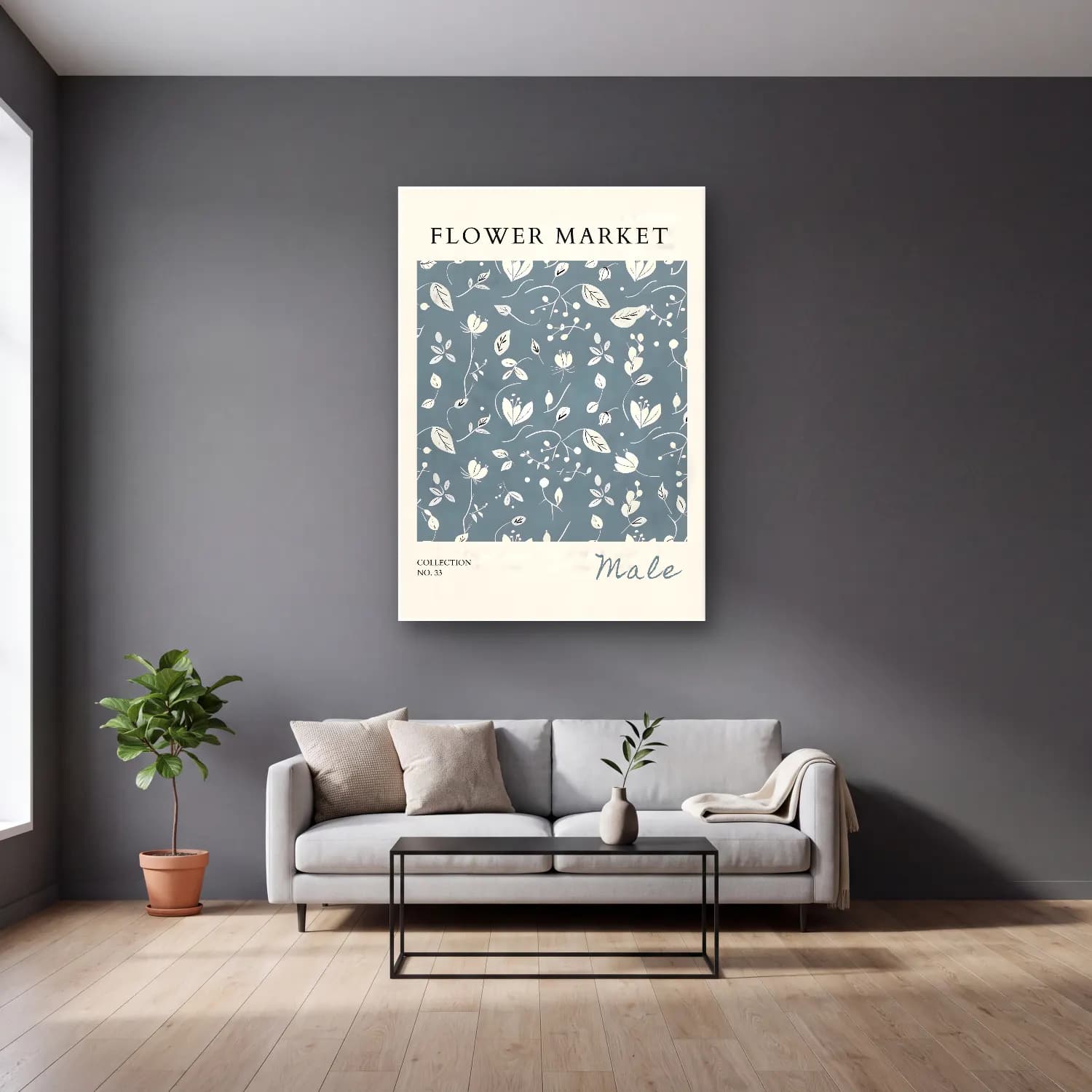 Pastel Çiçek Deseni No. 160 cam tablo — gri duvarlı salonda