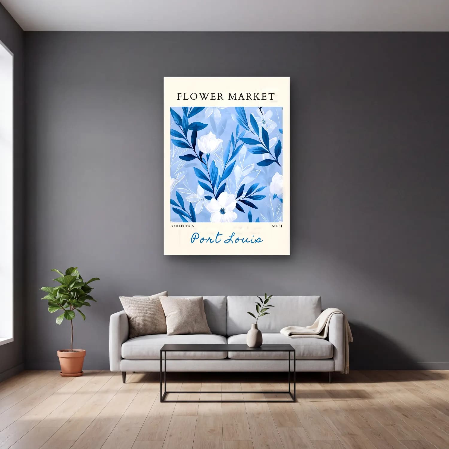 Pastel Çiçek Deseni No. 161 cam tablo — gri duvarlı salonda