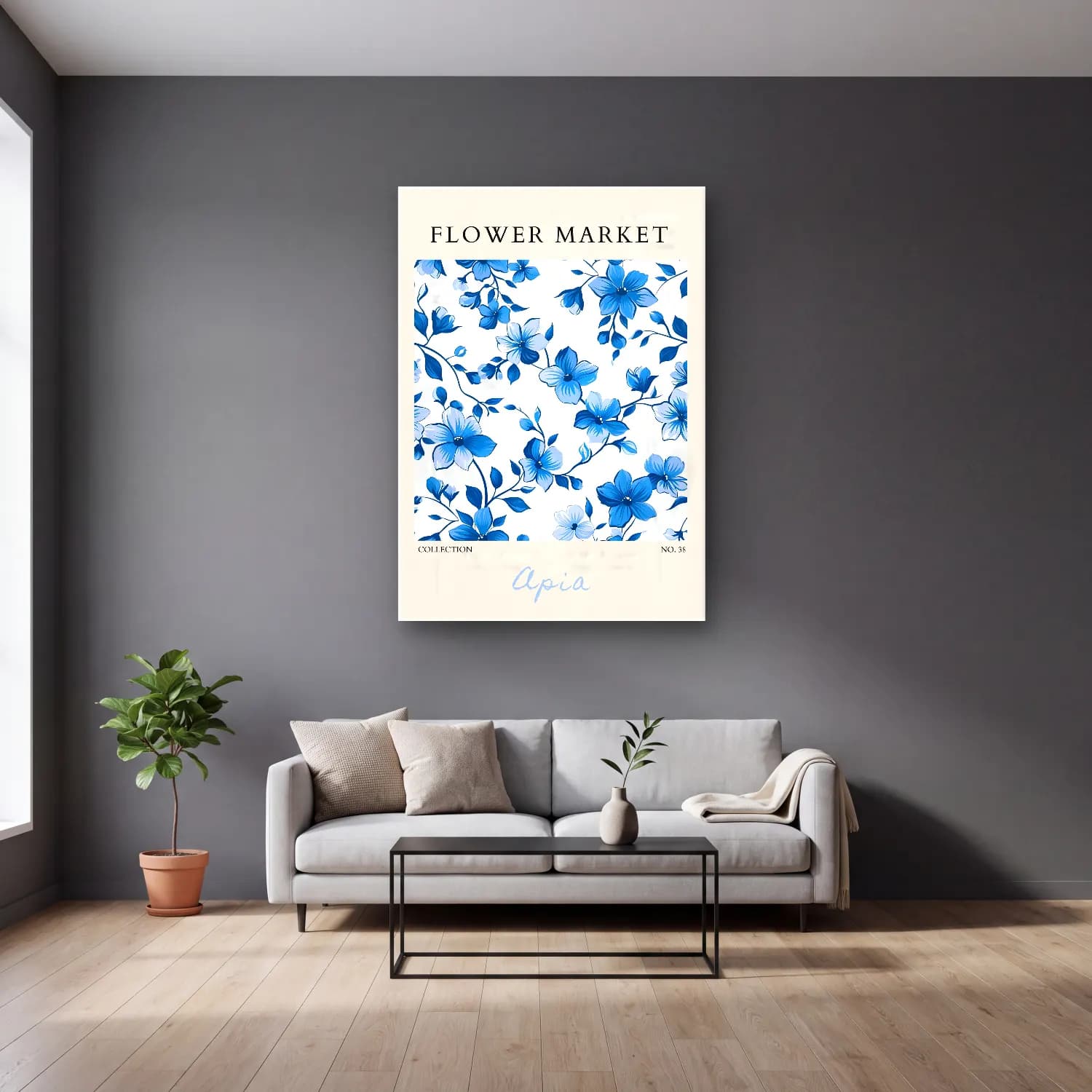 Retro Çiçek Deseni No. 132 cam tablo — gri duvarlı salonda