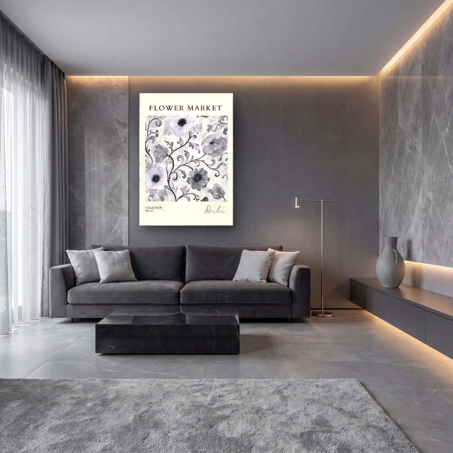 Siyah Beyaz Çiçek Deseni No. 9 cam tablo — lüks salon duvarında