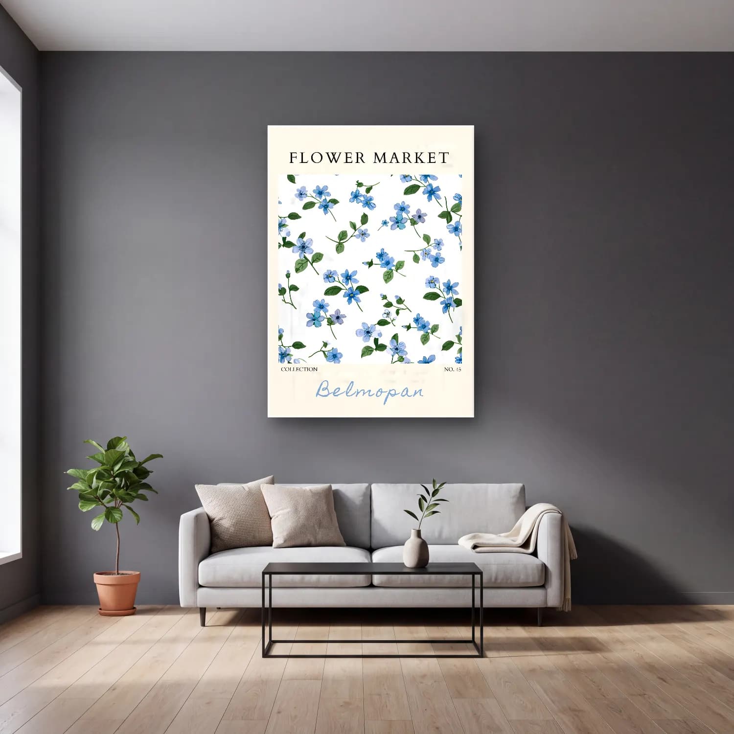 Botanik İllüstrasyon Çiçek Deseni No. 83 cam tablo — gri duvarlı salonda